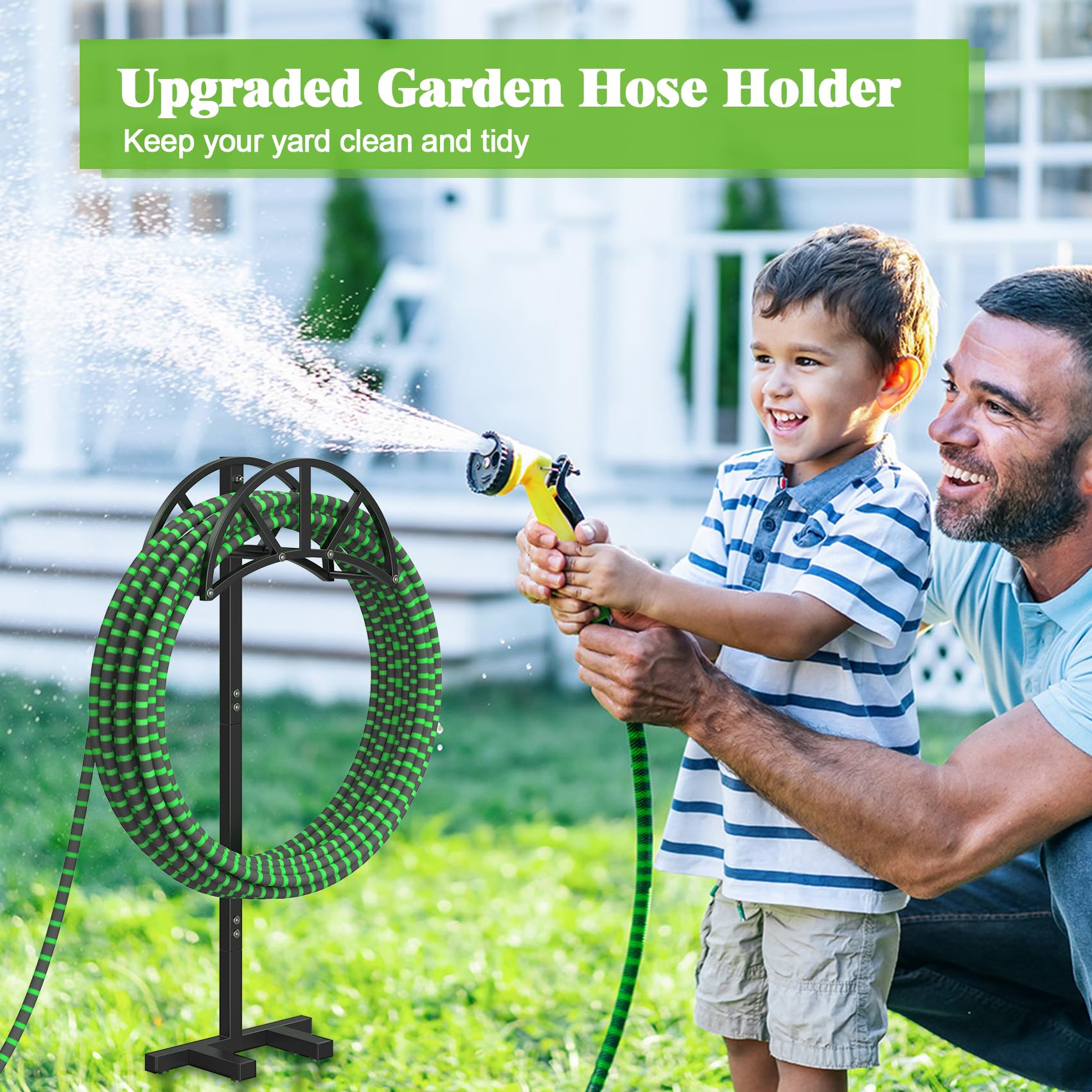 Mr IRONSTONE Heavy Duty Freestanding Garden Hose Holder with 4 Ground Spikes & Stainless Steel Screws - Outdoor Hose Stand Organizer for 150ft Hose - Perfect for Yard, Lawn, and Garden Watering Storage