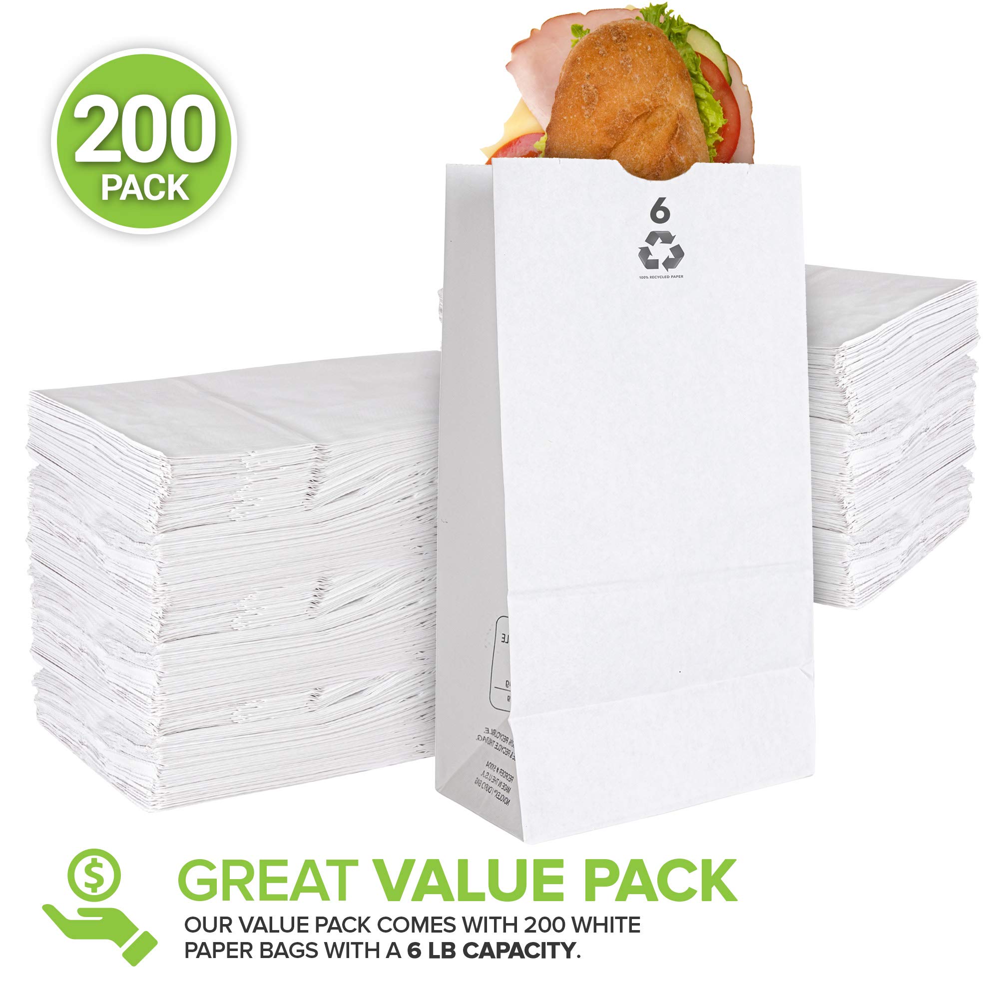 Stock Your Home 6 Lb White Paper Bags (200 Count) - Eco-Friendly Lunch & Snack Bags for School, Office & Picnics - Small Blank Kraft Bags for Food Packing, Arts & Crafts Projects - Recyclable Paper Bags for Parties, Takeout & Gift Wrapping