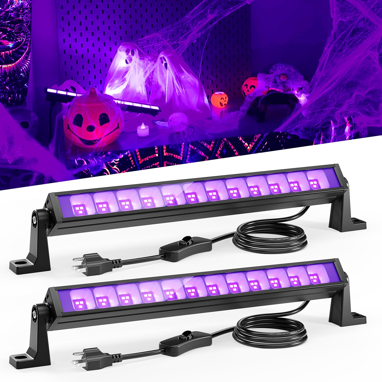 38W 60-LED Black Light Bar with Plug & 5ft Cable - 2 Pack UV Blacklight for Halloween Decor, Glow Parties, Body Paint, Stage Lighting, Neon Posters & Game Room Ambiance