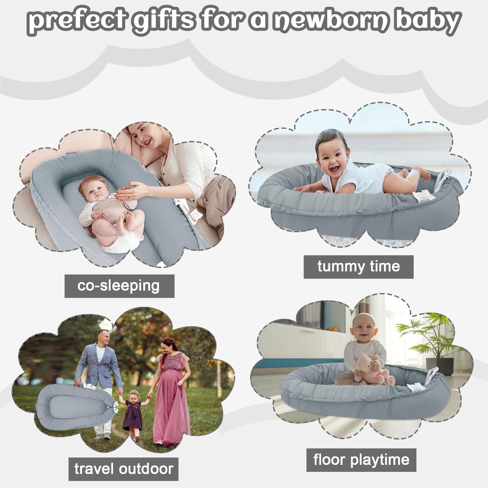 **Soft 100% Cotton Baby Lounger for Newborns 0-24 Months | Breathable Portable Infant Lounger & Co-Sleeper | Grey Baby Nest Cover for Girls & Boys | Perfect for Nursery, Travel & Co-Sleeping**
