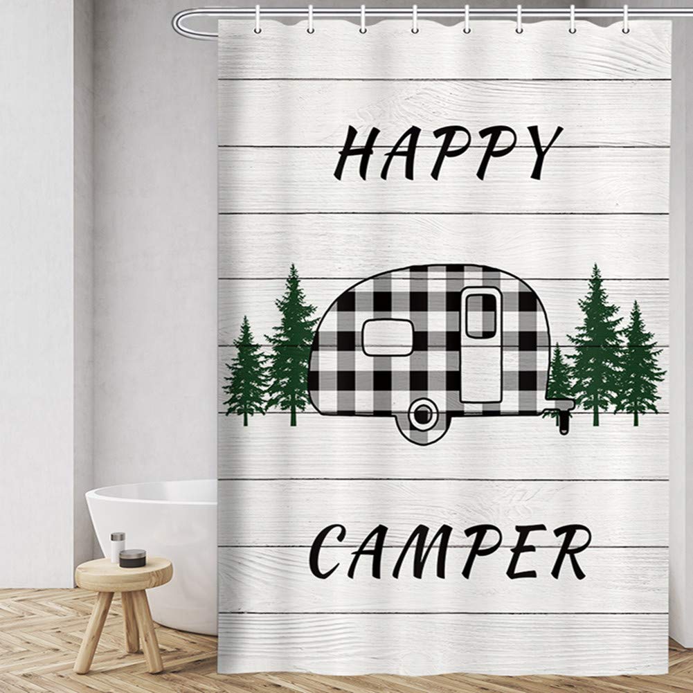 Happy Camper RV Shower Curtain - Buffalo Plaid Farmhouse Decor for Travel Trailers & Bathrooms