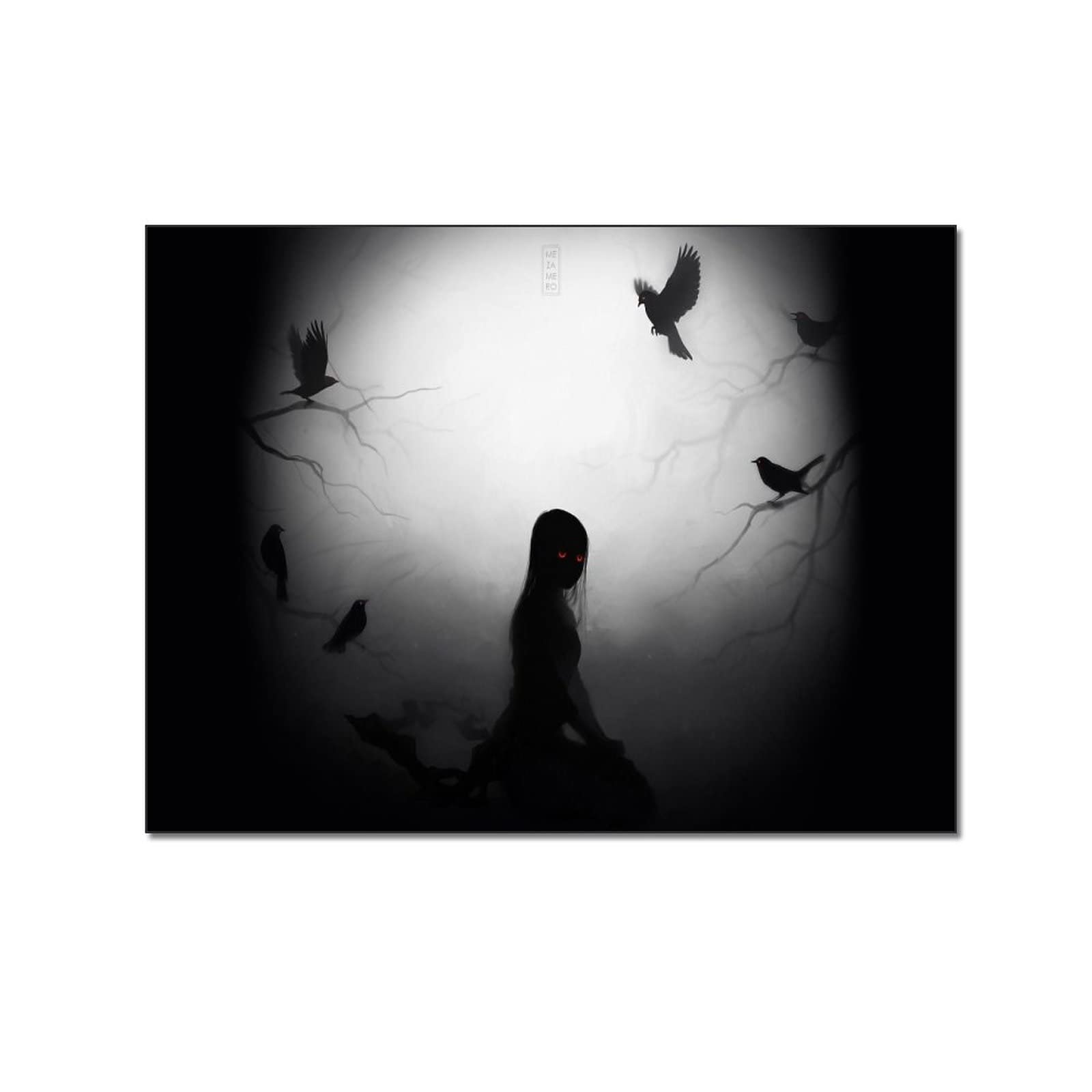 Creepy Crow Dark Black and White Canvas Wall Art Print - Gothic Bird Poster for Bedroom, Living Room & Aesthetic Decor | Abstract Wall Painting for Home, Office & Halloween Theme Decoration
