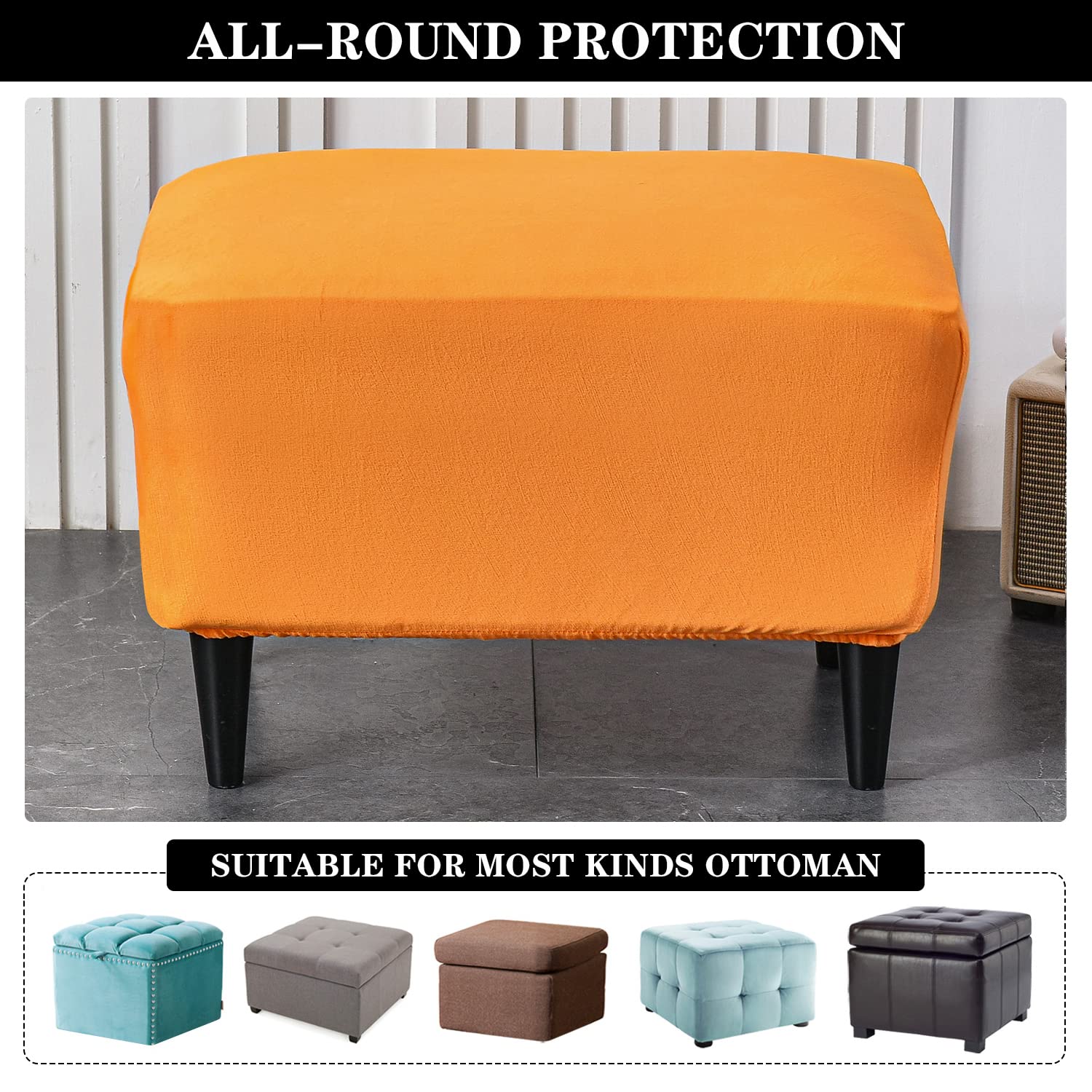 Velvet Ottoman Slipcover - Stretch Rectangle Storage Stool Cover, Footstool Protector for Living Room Furniture (Orange) | Perfect for Sofa Sets, Home Decor & Cozy Living Spaces