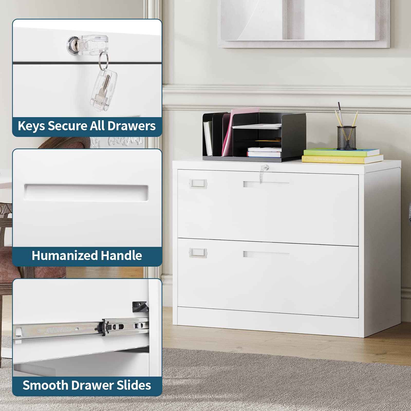 MIIIKO 2-Drawer Lateral File Cabinet with Lock - White Home Office Filing Cabinet, Large Deep Drawers with Key Lock for Hanging Folders (Letter/Legal/F4/A4 Size) - Perfect for Office Organization and Document Storage
