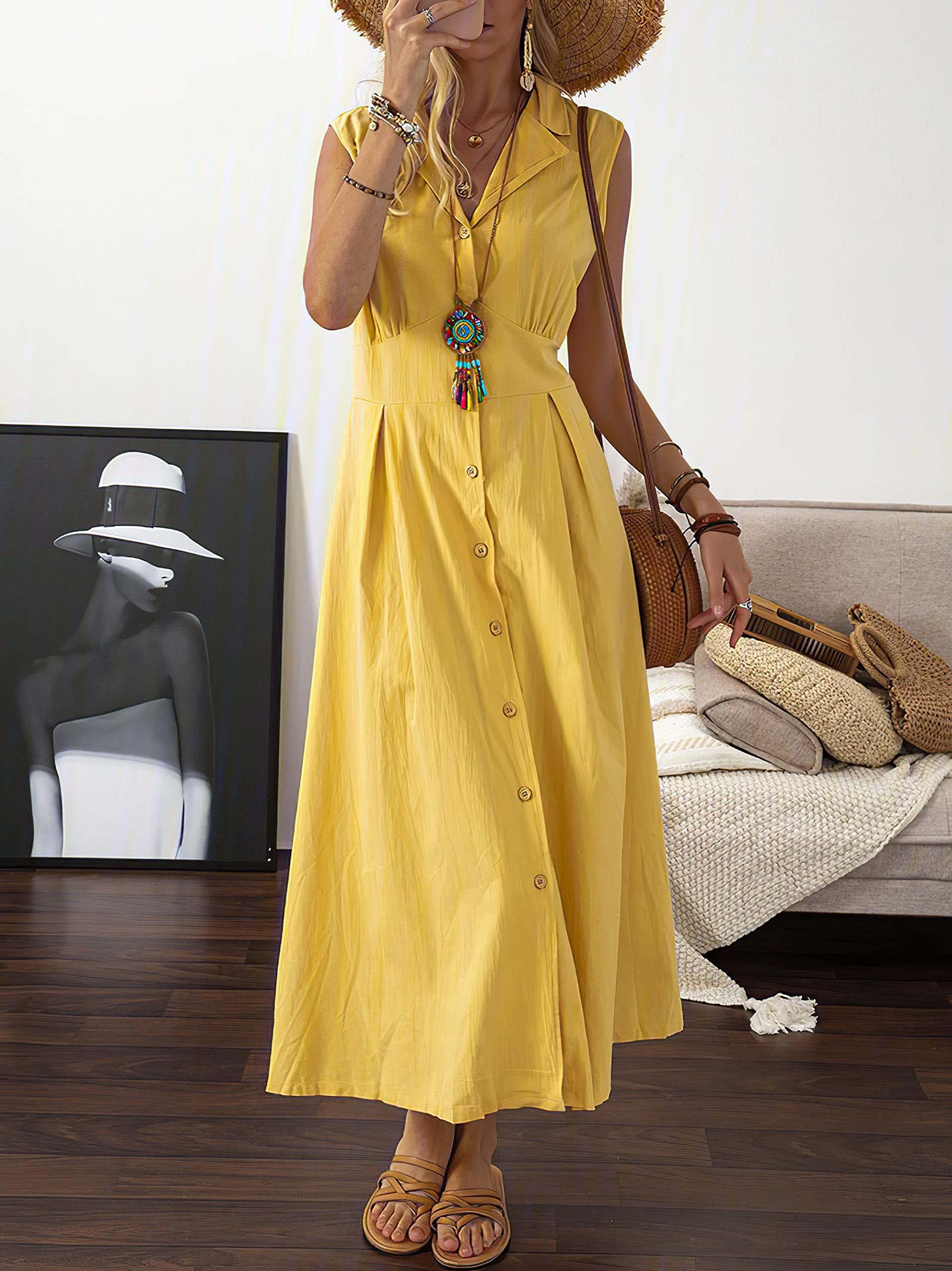 Vintage Women's Button Down Cotton Shirt Dress - V Neck Sleeveless A-Line Midi Dress for Casual Wear, Office, Summer Outfits & Beach Cover Up