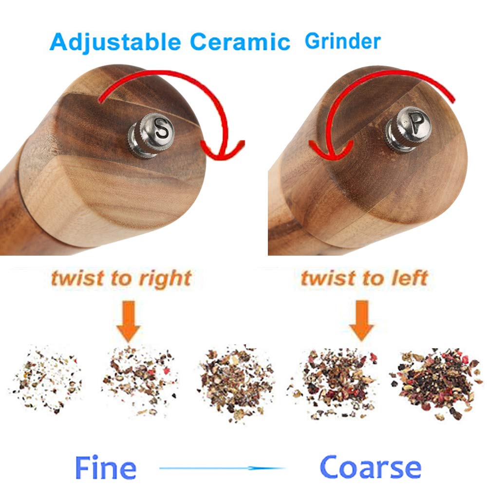 Premium Acacia Wood Salt and Pepper Grinder Set - 8 Inch Adjustable Manual Mill with Ceramic Core - Perfect for Kitchen, BBQ, Picnic, Restaurant & Dinner Parties (2 Pack)