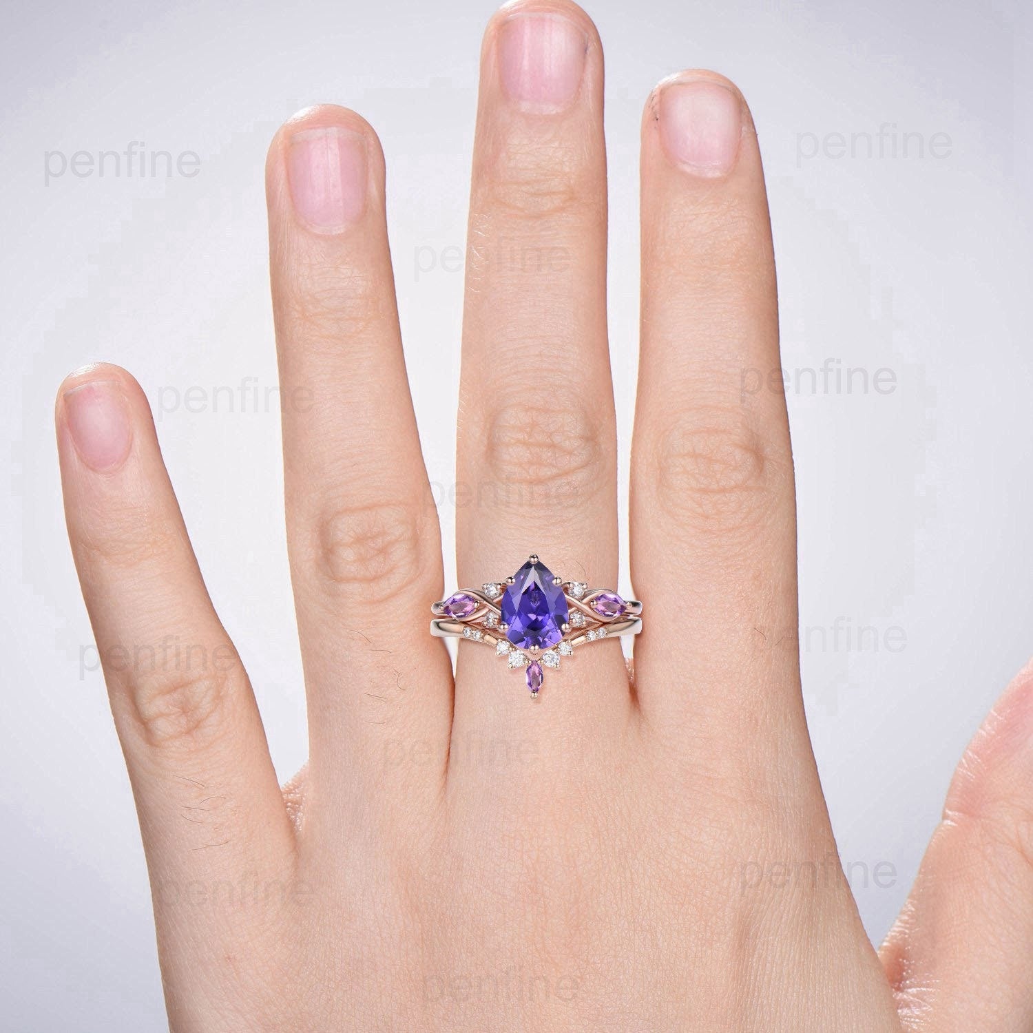 Vintage Elegant Pear Shaped Purple Sapphire Ring Set - Infinity Marquise Amethyst Crystal Engagement Ring for Women | Unique Wedding Proposal Gift, Anniversary Present & Romantic Occasion Jewelry