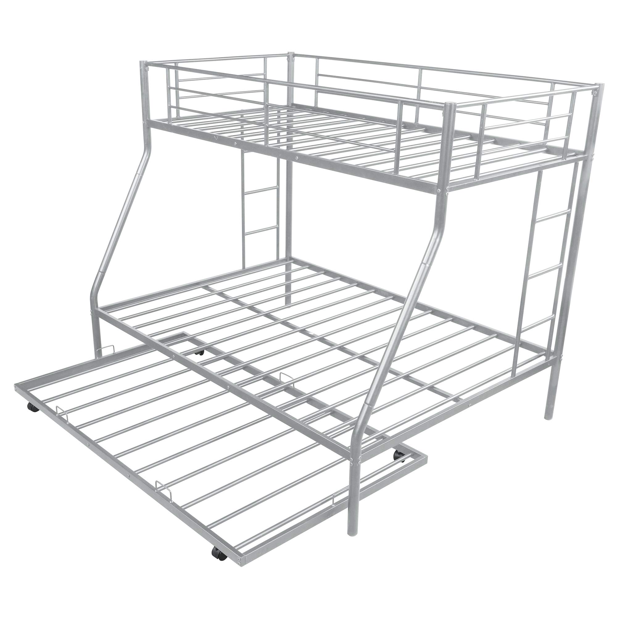 Metal Bunk Beds Twin Over Full Size with 2 Ladders & Trundle - Sturdy Space-Saving Bed Frame for Kids, Teens & Adults in Silver | Perfect for Small Bedrooms, Guest Rooms & Dormitories