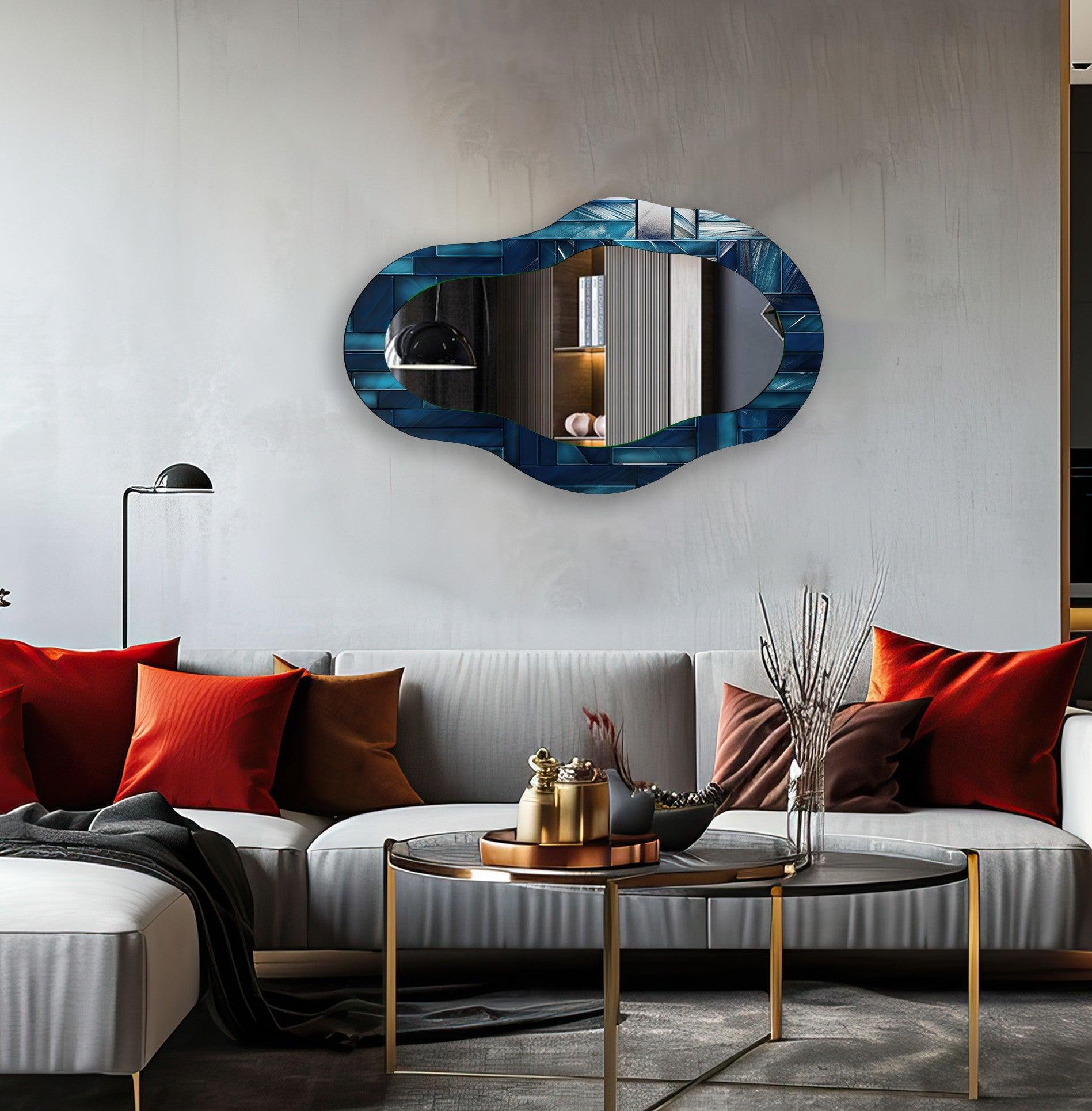 Blue Stained Abstract Asymmetric Wall Mirror - Modern Decorative Mirror for Living Room, Bedroom & Entryway - Unique Handcrafted Home Decor