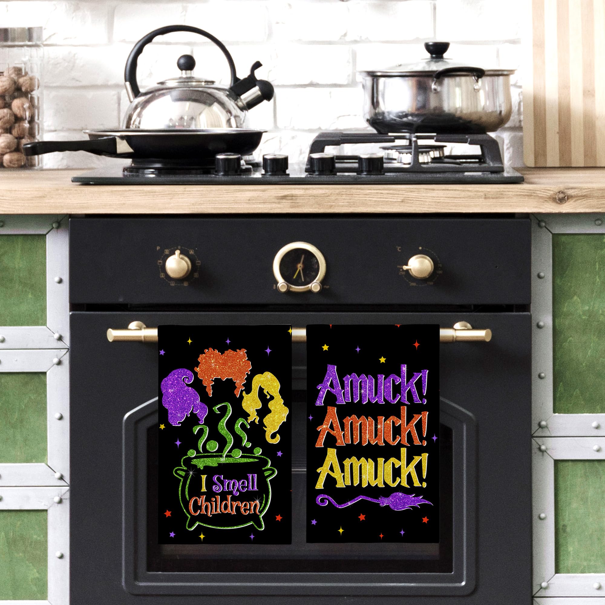 Halloween Kitchen Towels - Hocus Pocus Inspired Dish Towels with Sanderson Sisters Design | Day of The Dead & Halloween Home Decor for Parties, Kitchen, and Dining Room Decorations