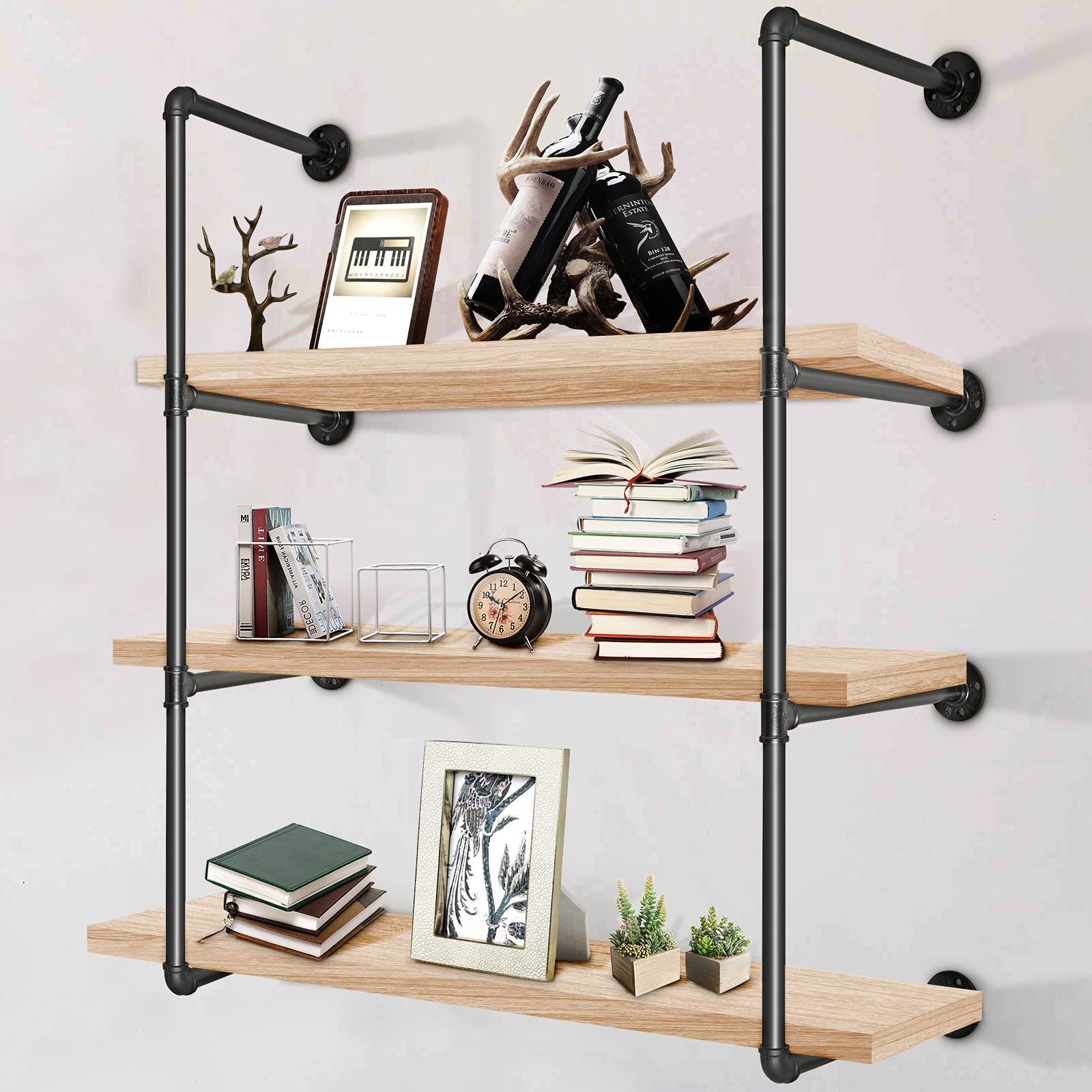 VEVOR 3-Tier Industrial Pipe Shelves Set of 2 - Heavy Duty Wall Mounted Iron Pipe Shelving Vintage Black - DIY Pipe Bookshelf with Accessories - Each Shelf Holds 44lbs - Perfect for Kitchen, Bedroom, Living Room & Home Office Storage Organization