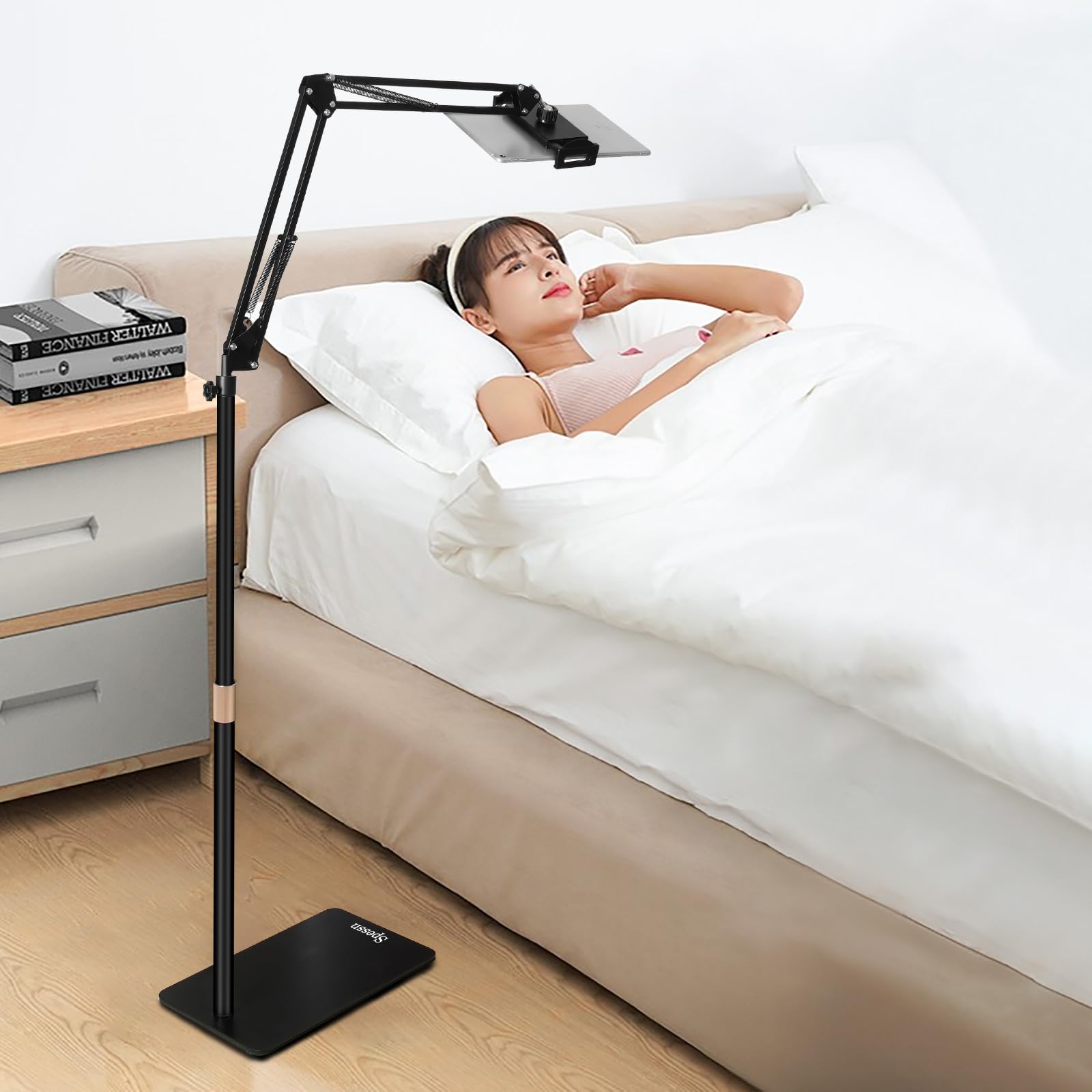 Adjustable Metal Tablet Floor Stand & Overhead Bed Phone Mount - Universal Holder for iPad, iPhone X, iPad Pro, Kindle (4.5-12.9
