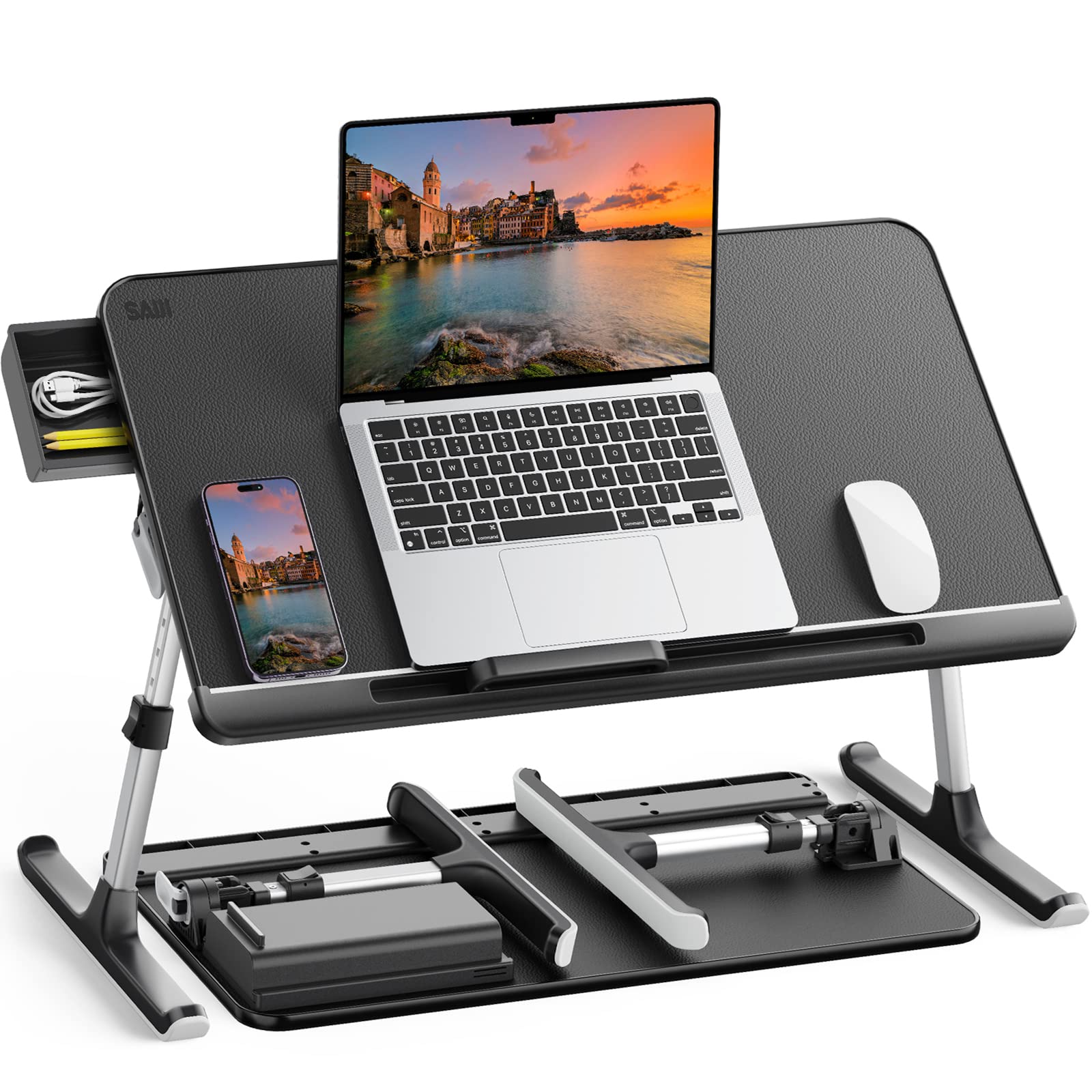 SAIJI Adjustable Laptop Bed Tray Table - Large Black Portable Lap Desk with Anti-Slip PVC Leather Surface for Working, Eating Breakfast in Bed or on Sofa | Perfect for Home Office, Dorm Room & Cozy Workspaces