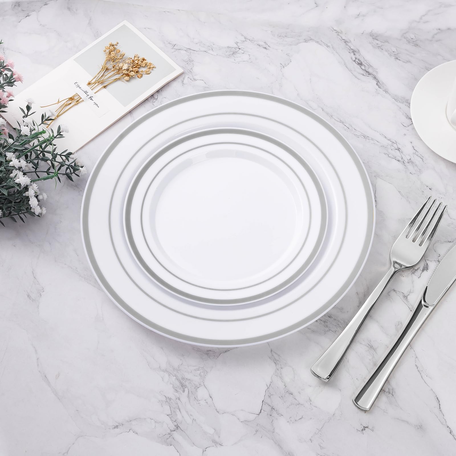 200PCS Silver Disposable Plastic Plates - 100 Dinner Plates & 100 Dessert Plates for Party, Wedding, Birthday Celebrations - Elegant & Convenient Tableware for Events, Catering & Home Gatherings