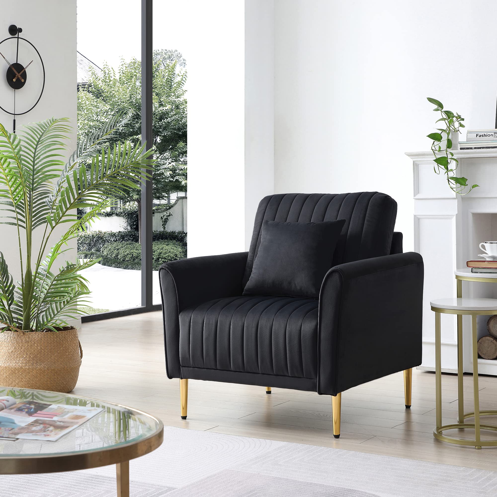 Velvet Accent Chair Sofa with Gold Legs - Upholstered Round Arm Single Sofa with Throw Pillow for Living Room, Office, Bedroom & Hosting Room - Elegant Black Velvet Seating for Home Decor & Relaxation