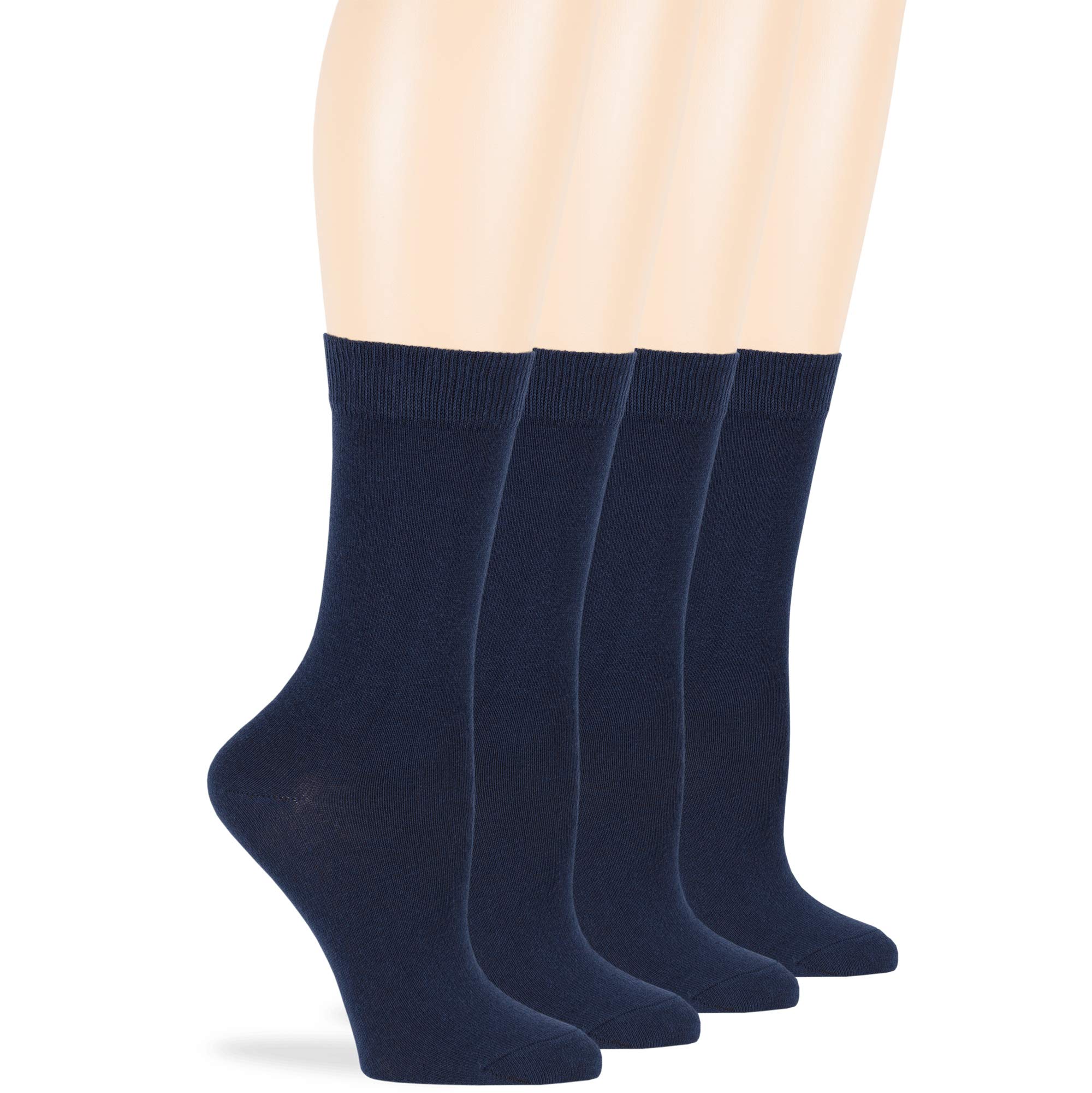 7BigStars Women's Cotton Dress Socks 4-Pack (L/M) - Solid Colors Crew Calf Socks in Black, Brown, Blue, Grey, Beige, Khaki & Olive Green - Perfect for Work, Office & Formal Occasions