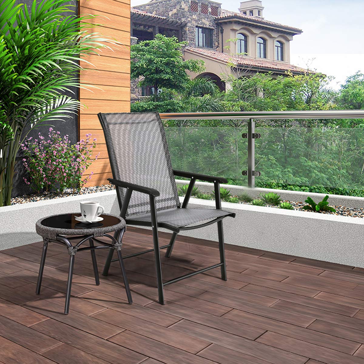 AFSTAR Outdoor Folding Chairs Set of 2 - Patio Sling Chairs with Armrests for Backyard, Garden, Pool & Porch - Lightweight Foldable Lawn Chairs (Gray) - Perfect for Camping, Picnics & Beach Trips