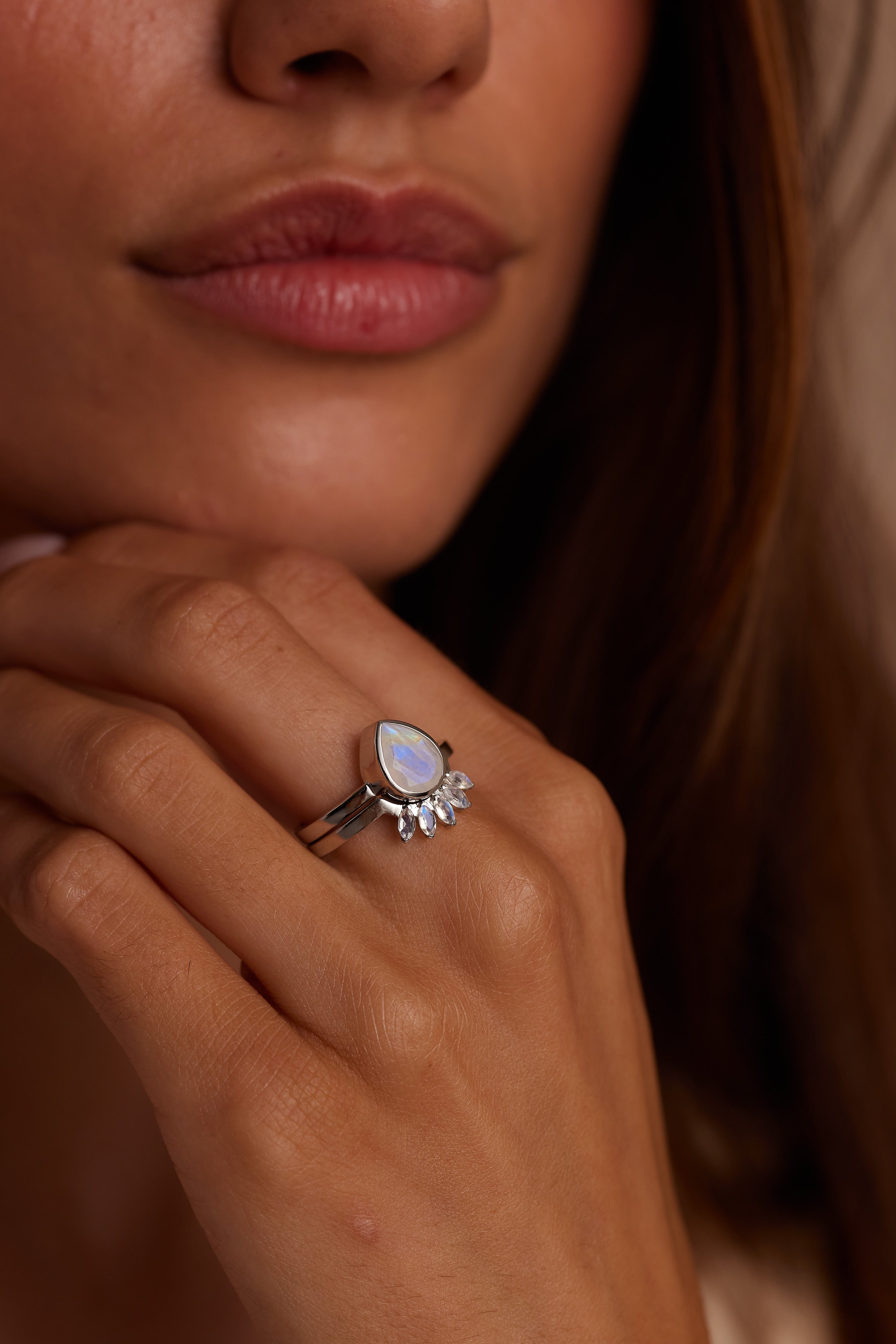 9K White Gold Double Stack Moonstone Halo Ring - Elegant Stackable Jewelry for Women, Perfect for Weddings, Anniversaries & Special Occasions