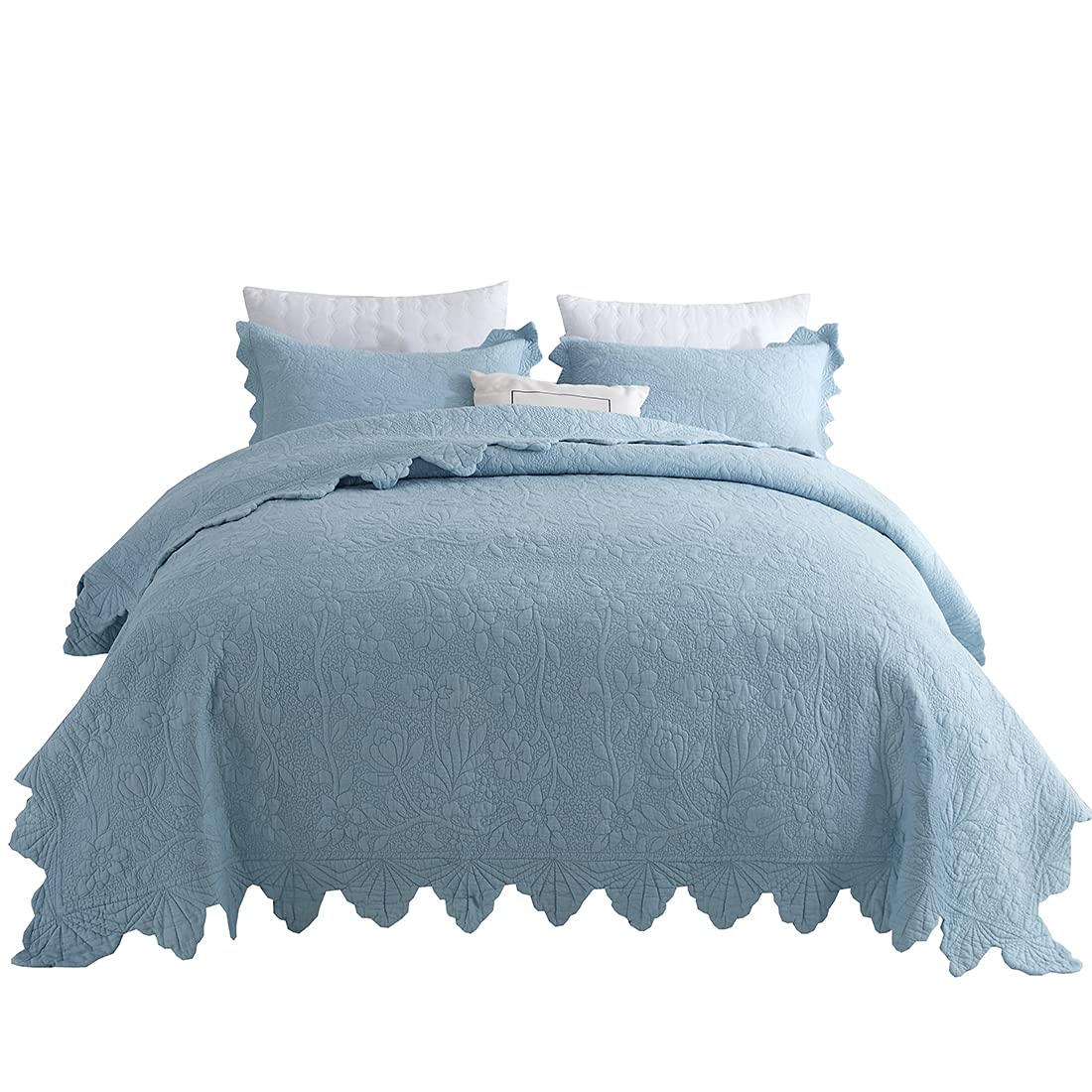 VCTOPS 3-Piece Elegant Embroidery Quilt Set - 100% Cotton Queen Size Bedspread with 2 Shams, Blue Floral Coverlet - Perfect for Master Bedroom, Guest Room & Cozy Home Decor