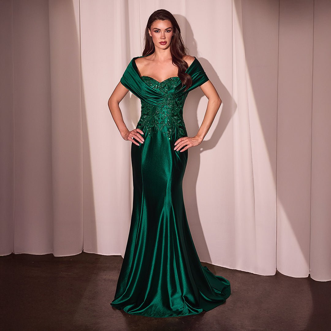 Ladivine by Cinderella Divine Emerald Green Satin Off-Shoulder Mermaid Prom Dress - Elegant Evening Gown for Homecoming, Formal Dances & Special Occasions