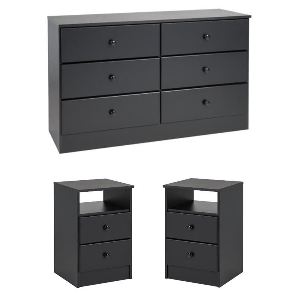 Pemberly Row 3-Piece Bedroom Set - Black 2 Nightstands & 6-Drawer Double Dresser for Master Bedroom Furniture