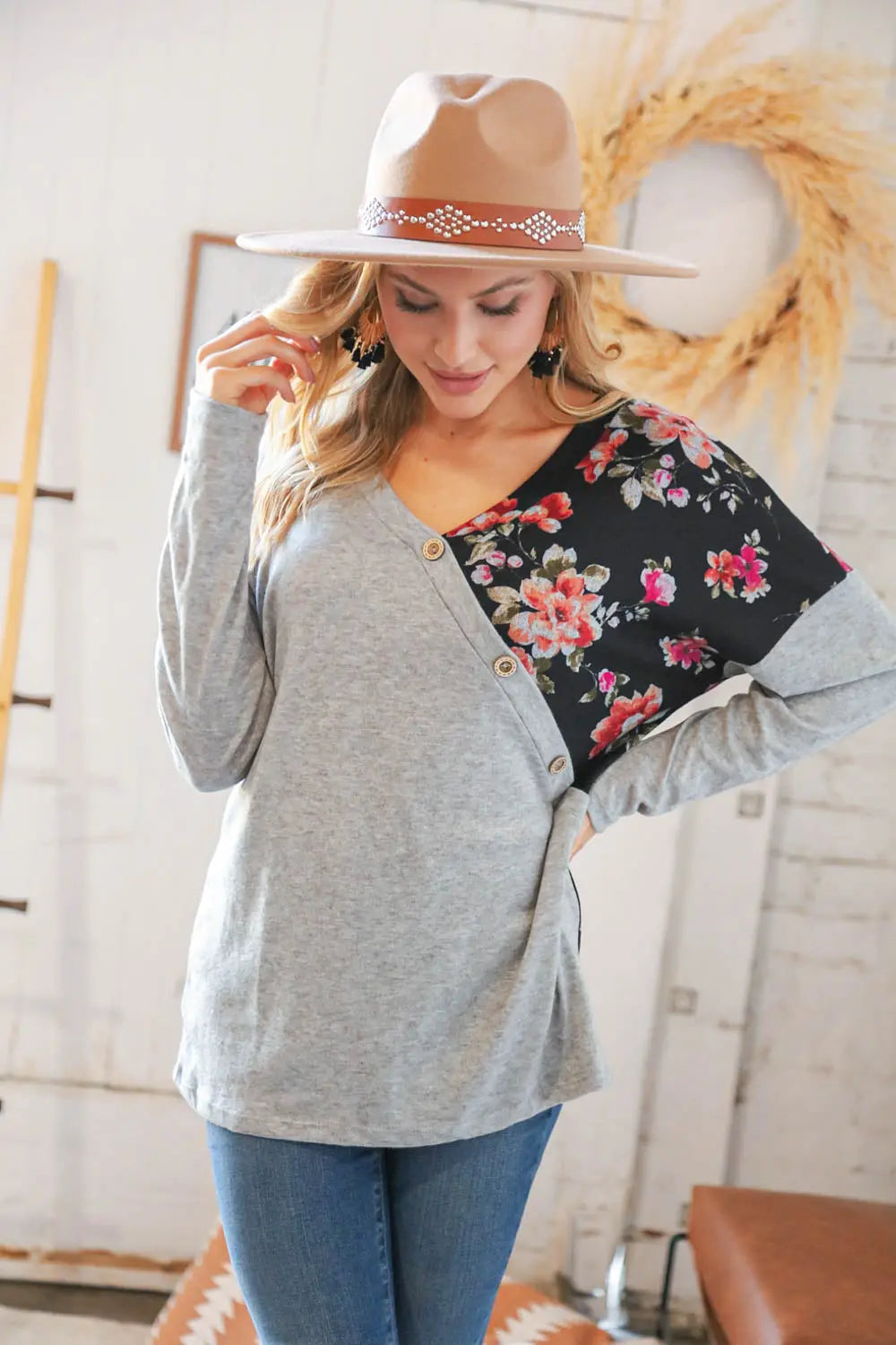 Elegant Grey & Black Floral Surplice Button Knit Top for Women - Casual Chic Blouse for Office, Date Night & Spring Outfits