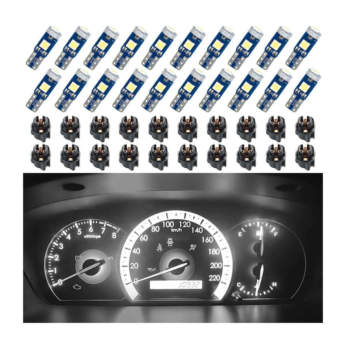 BELOMI 20 Pcs T5 LED Bulbs for Car Dashboard - Super Bright 3030-3SMD Replacement with Twist Lock Socket - White Instrument Cluster Gauge Lights (Perfect for Night Driving & Dashboard Illumination)