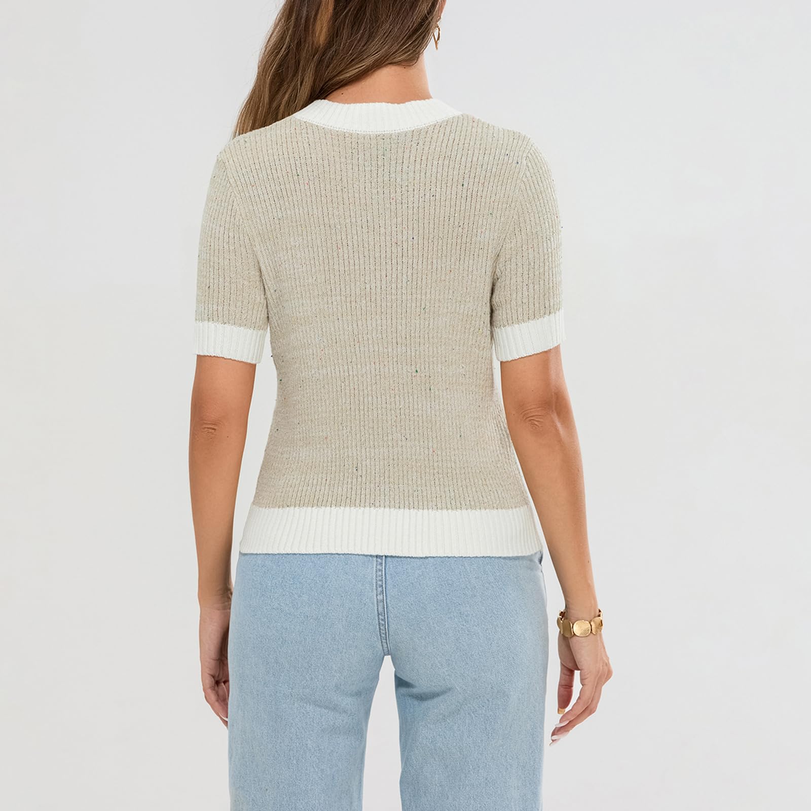 Women's Lightweight Cropped Short Sleeve Button Down Cardigan Sweater - Elegant Crew Neck Knit Top with Pockets | Perfect for Office Wear, Spring Layering & Casual Outfits
