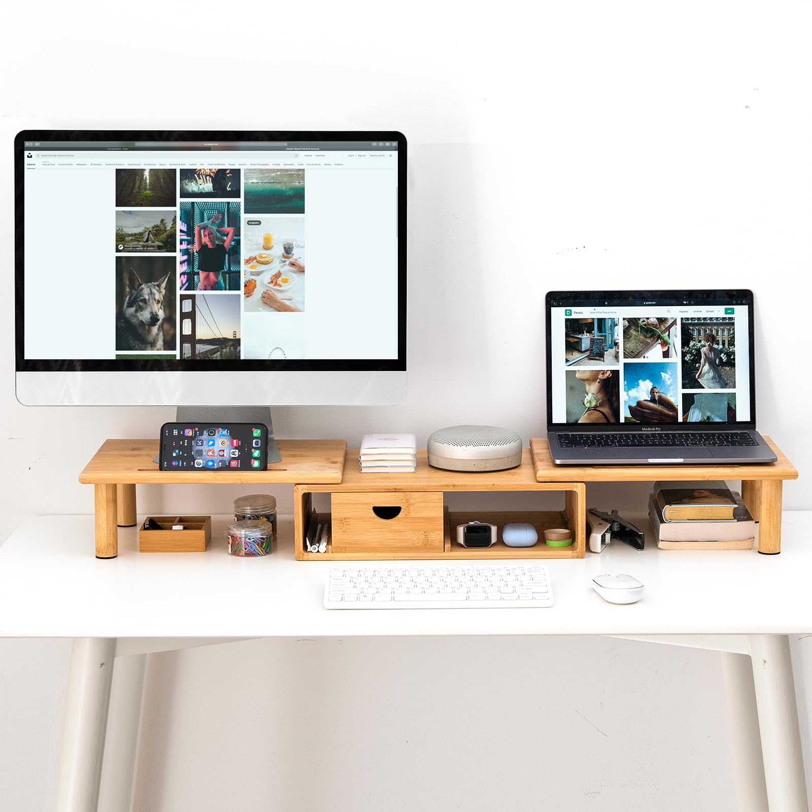 Adjustable Bamboo Dual Monitor Stand Riser with Storage Drawer - Ergonomic Desk Shelf for 2-3 Screens, Laptops, PC & TV - Perfect for Home Office, Gaming Setup & Workspace Organization (Natural Wood Finish)