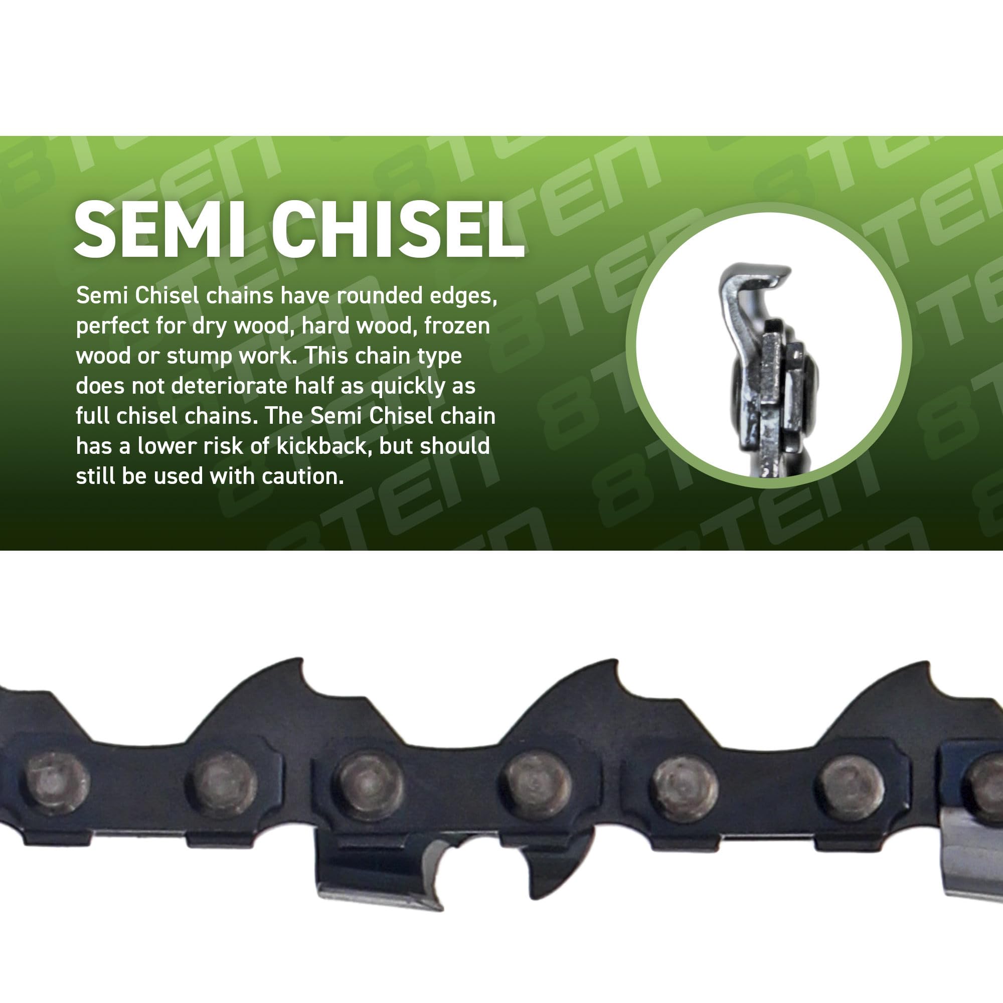8TEN Semi Chisel Chainsaw Chain 18 Inch .058 .325 64DL 5 Pack - High-Performance Replacement Chains for Wood Cutting, Tree Trimming, and Firewood Processing