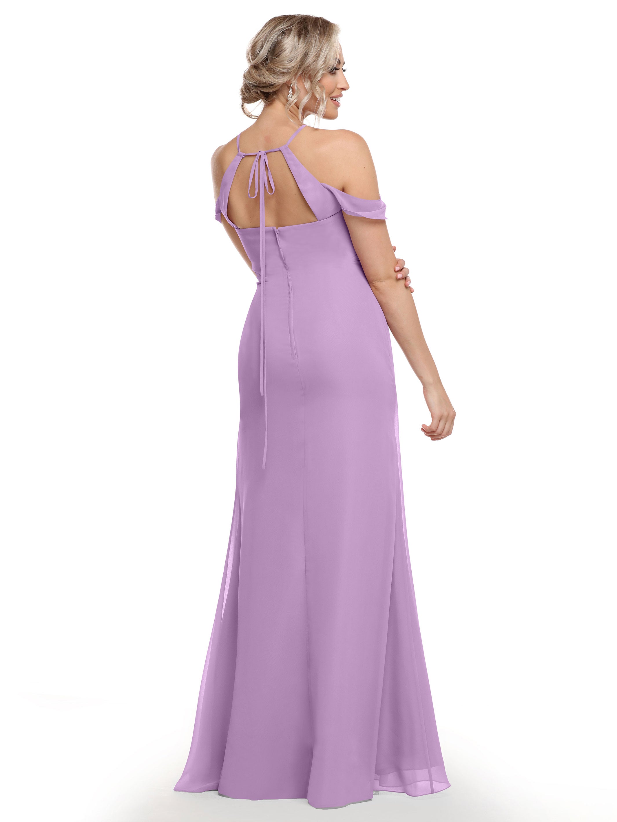 Elegant Off-The-Shoulder Chiffon Bridesmaid Dress with Halter Neckline - Perfect for Weddings, Prom & Formal Events | Style 80148