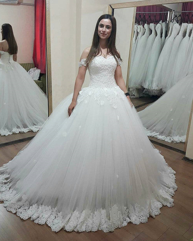 Elegant Lace Sweetheart Off-Shoulder Tulle Wedding Dress Ball Gown for Brides - Perfect for Church Ceremonies, Beach Weddings & Formal Receptions