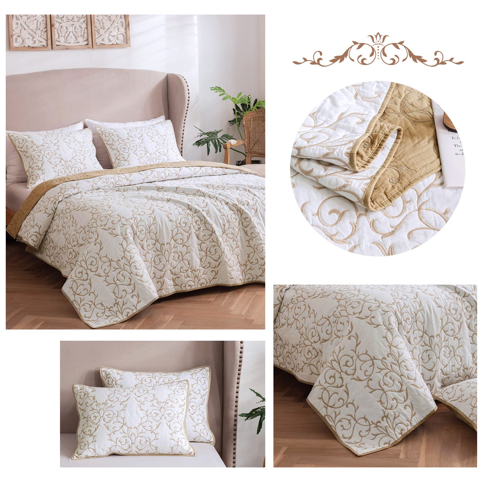 Mixinni King Size Reversible Quilt Set - 3-Piece Soft Cotton Bedding with Elegant Beige Embroidery, Includes Embroidered Decorative Shams & Coverlet | Perfect for Master Bedroom, Guest Room & Cozy Home Decor