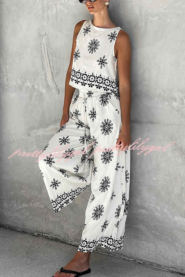 Stylish Printed Round Neck Sleeveless Blouse & Elastic Waist Pocket Wide Leg Pants Set - Women's Casual Outfit for Summer, Beach, Vacation & Daily Wear