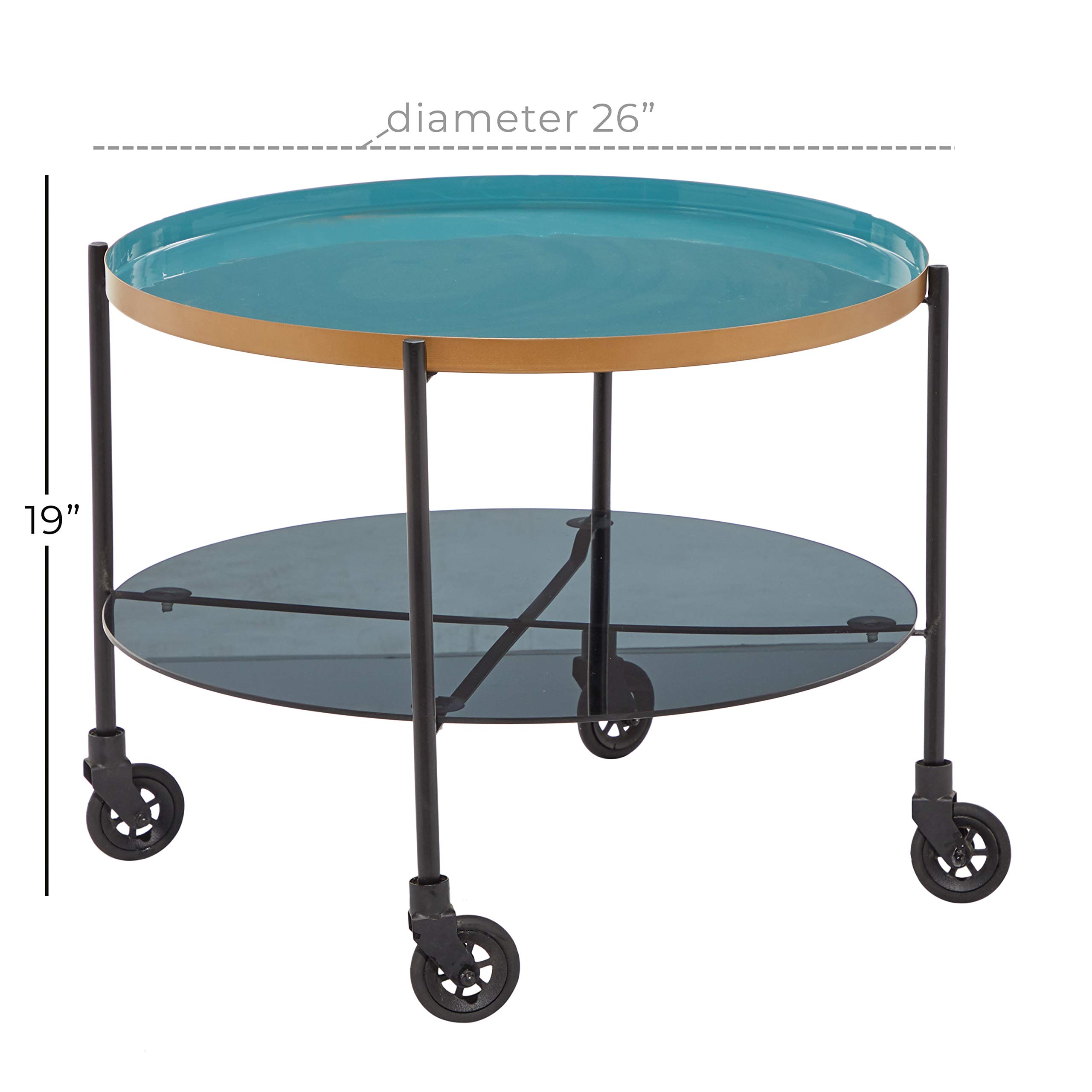 Deco 79 Modern Round Black Metal Coffee Table with Teal Enamel Tray Top & Tinted Glass Shelf - 26
