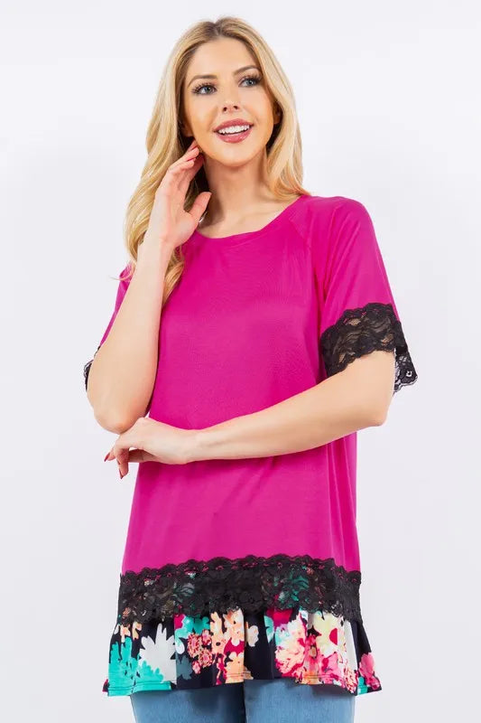 Celeste Plus Size Lace Trim Short Sleeve Blouse - Floral Embroidered Women's Tops for Casual Wear & Summer Outfits