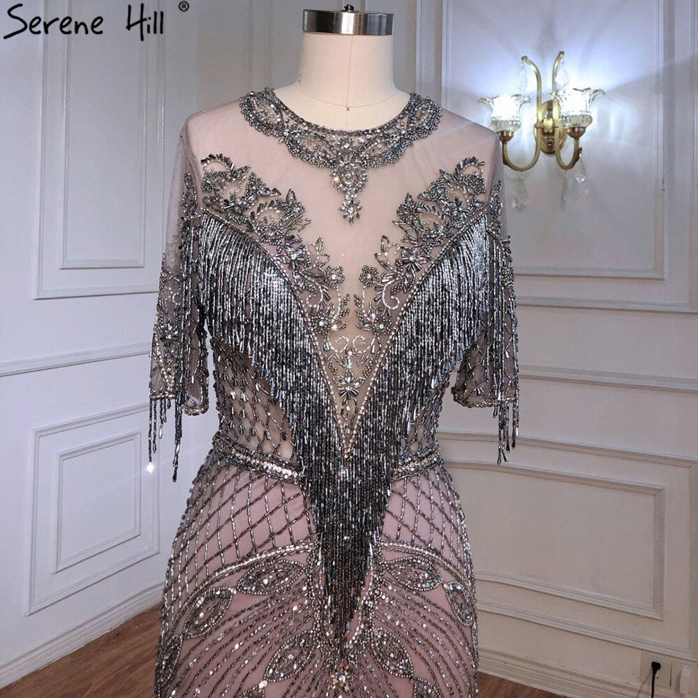 Serene Hill Luxury Grey Mermaid Evening Dresses for Women 2025 - Elegant Beaded Tassel Half Sleeve Gowns for Prom, Party & Formal Occasions - LA70966