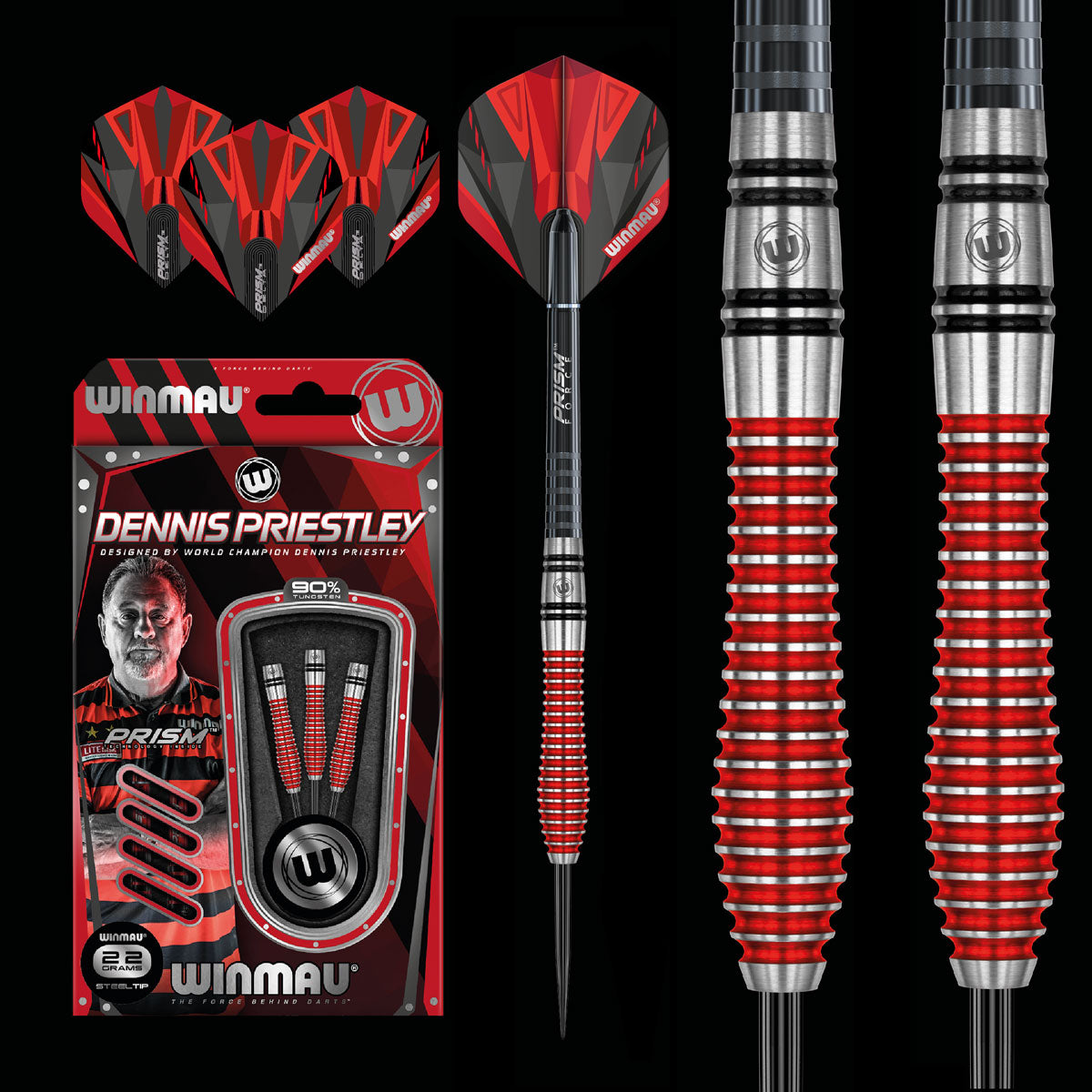 WINMAU Dennis Priestley Special Edition RED Darts - 90% Tungsten Steel Tip Darts 24g for Professional Players & Dart Enthusiasts - Perfect for Tournaments, Pubs, and Home Practice