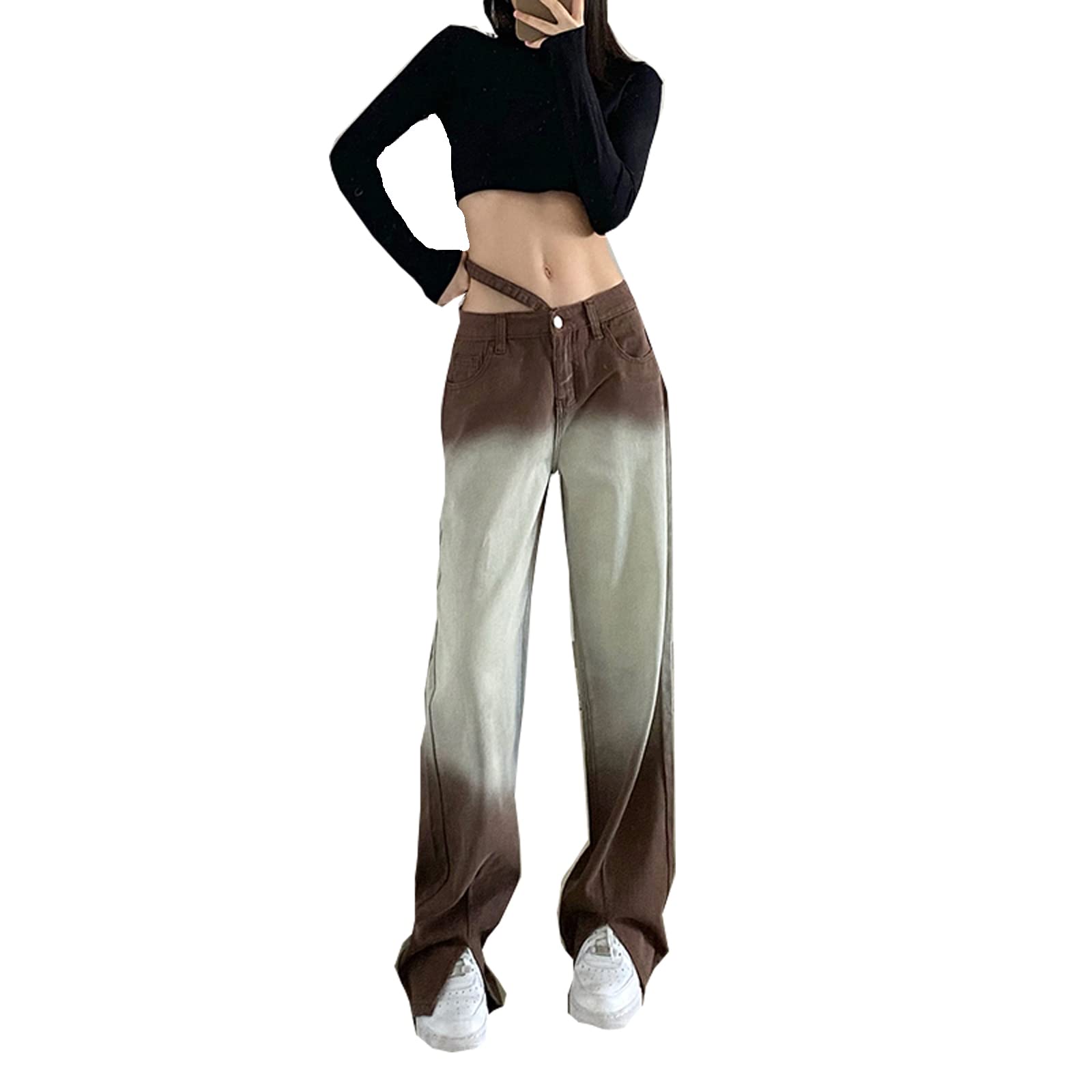 FOMOYUU Women's High Waist Loose Fit Printed Jeans - Y2K Retro Straight Leg Wide Pants for Streetwear & Casual Outfits | Perfect for Daily Wear, Parties and Fashion Photoshoots