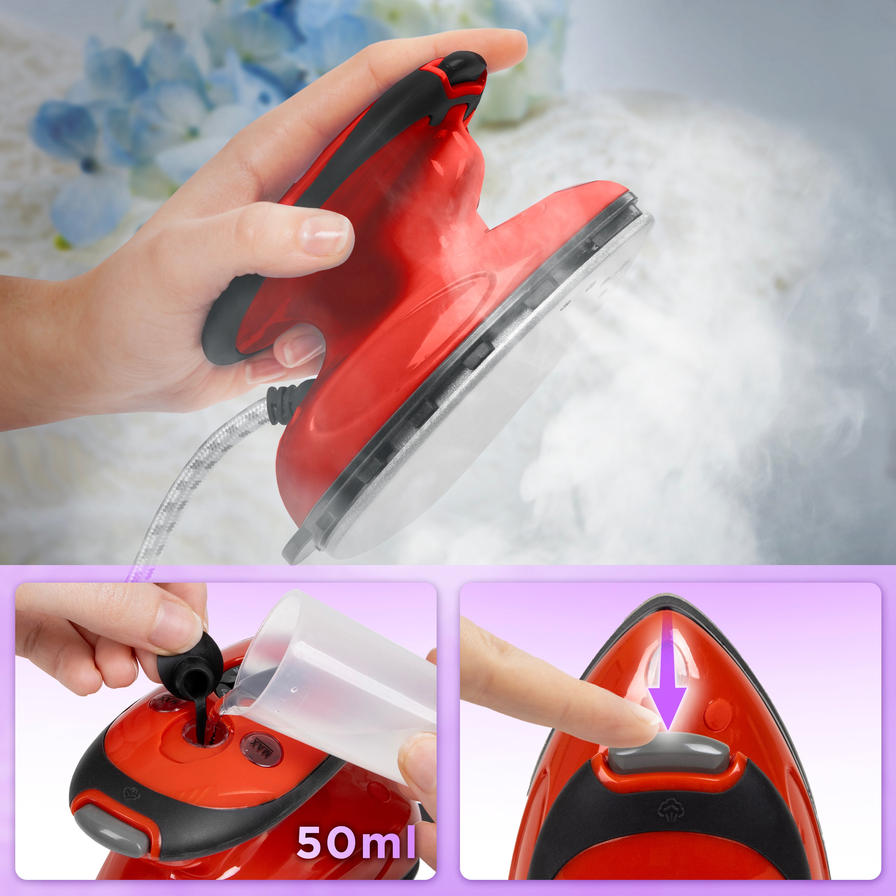 Duronic SI2 RD Mini Travel Iron & Steamer - 375W Compact Quilting Iron with 50ml Water Tank, Brush & Adjustable Heat Settings for Patchwork, Applique & Crafts - Perfect for Holidays, Business Trips & DIY Projects (Red)