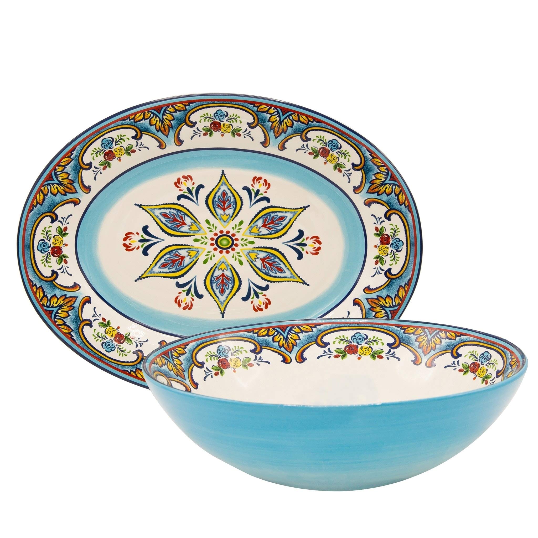 Euro 2-Piece Serving Set - Floral Ceramic Platter & Bowl Set, Dishwasher & Microwave Safe, Multi-Color (Perfect for Dinner Parties, Buffets & Home Decor)