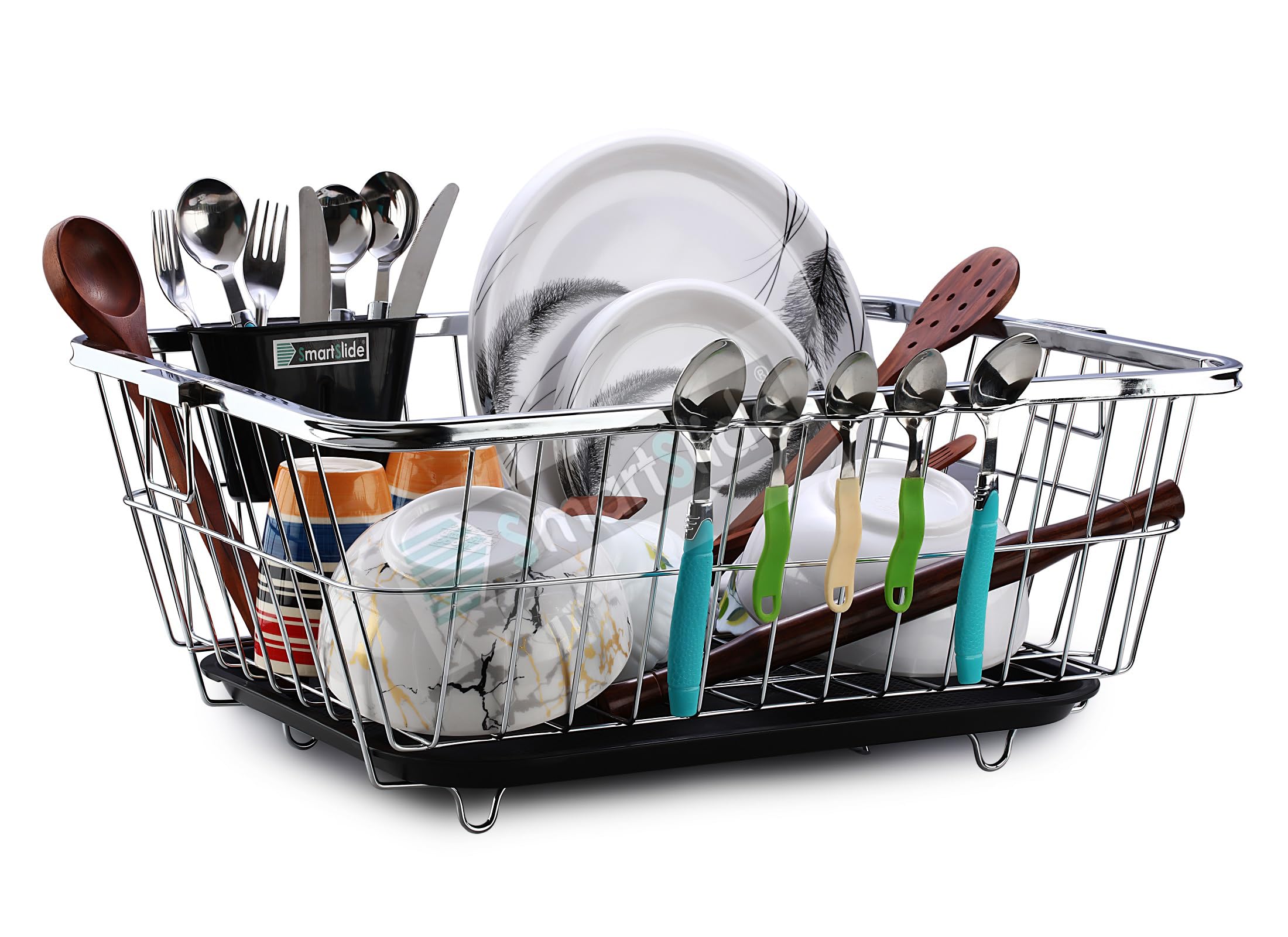 SmartSlide Stainless Steel Dish Drainer & Utensil Drying Rack with Drain Tray - 22 x 17 Inch Kitchen Organizer for Countertop, Sink Side | Perfect for Drying Dishes, Cups & Cooking Tools in Modern Kitchens