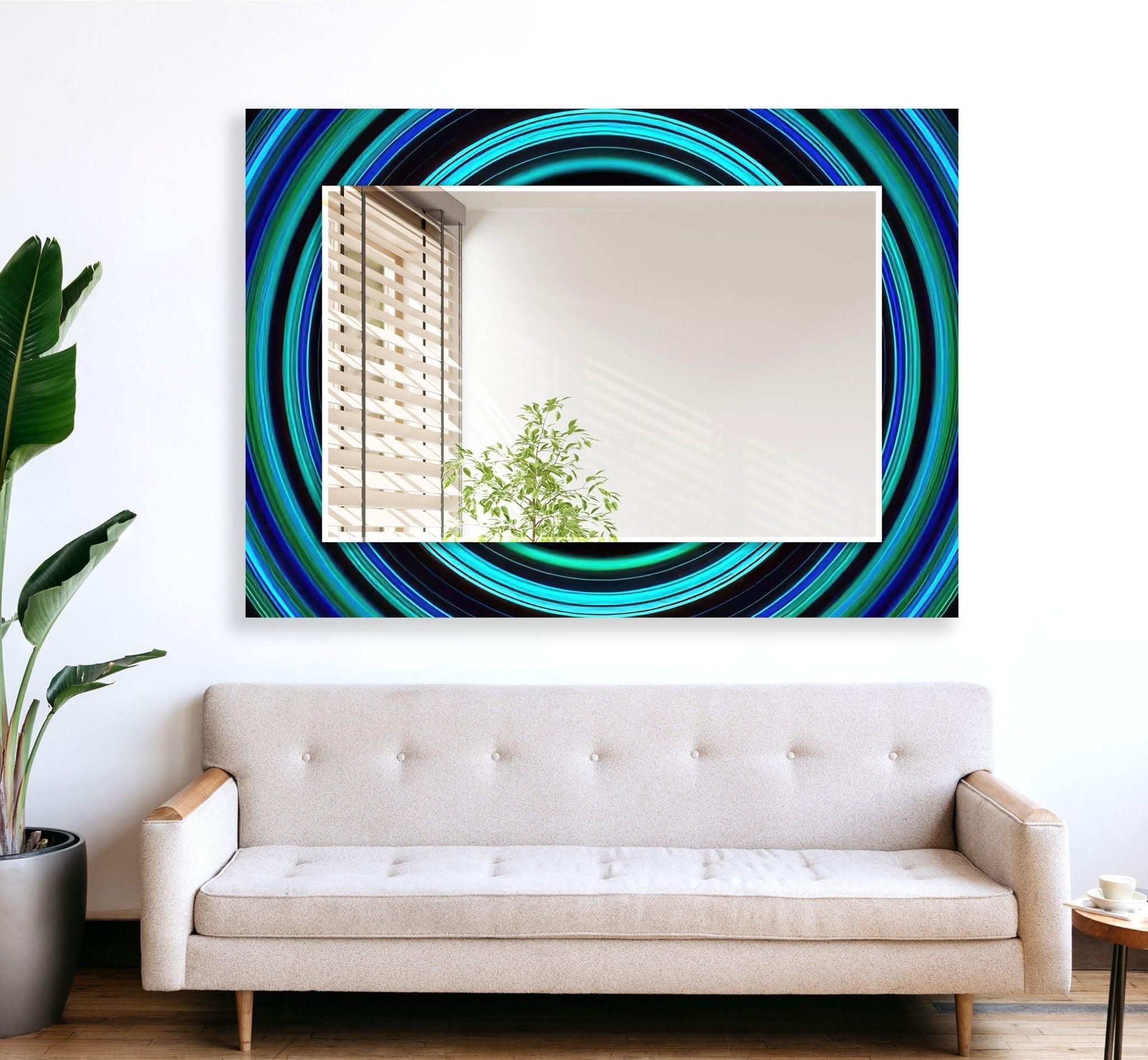 Abstract Turquoise Round Wall Mirror - Modern Boho Decor for Living Room, Bedroom & Bathroom - Handmade Decorative Mirror for Home & Office