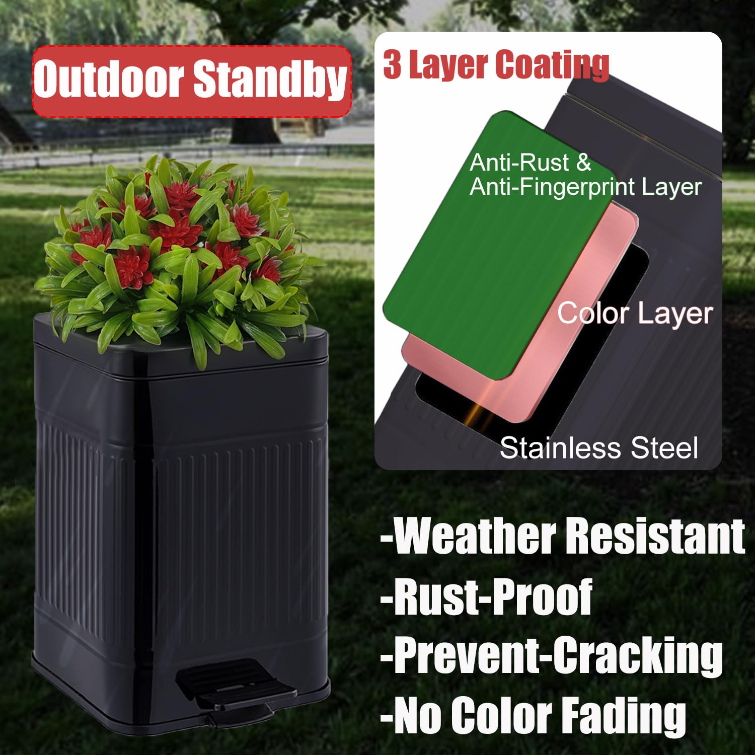 Yatmung 5L/1.3Gal Stainless Steel Metal Trash Can with Lid - Pedal Dog Waste Bin for Outdoor, Bathroom, Bedroom & Office - Black Small Garbage Can for Pet Poop Disposal & Plant Decor