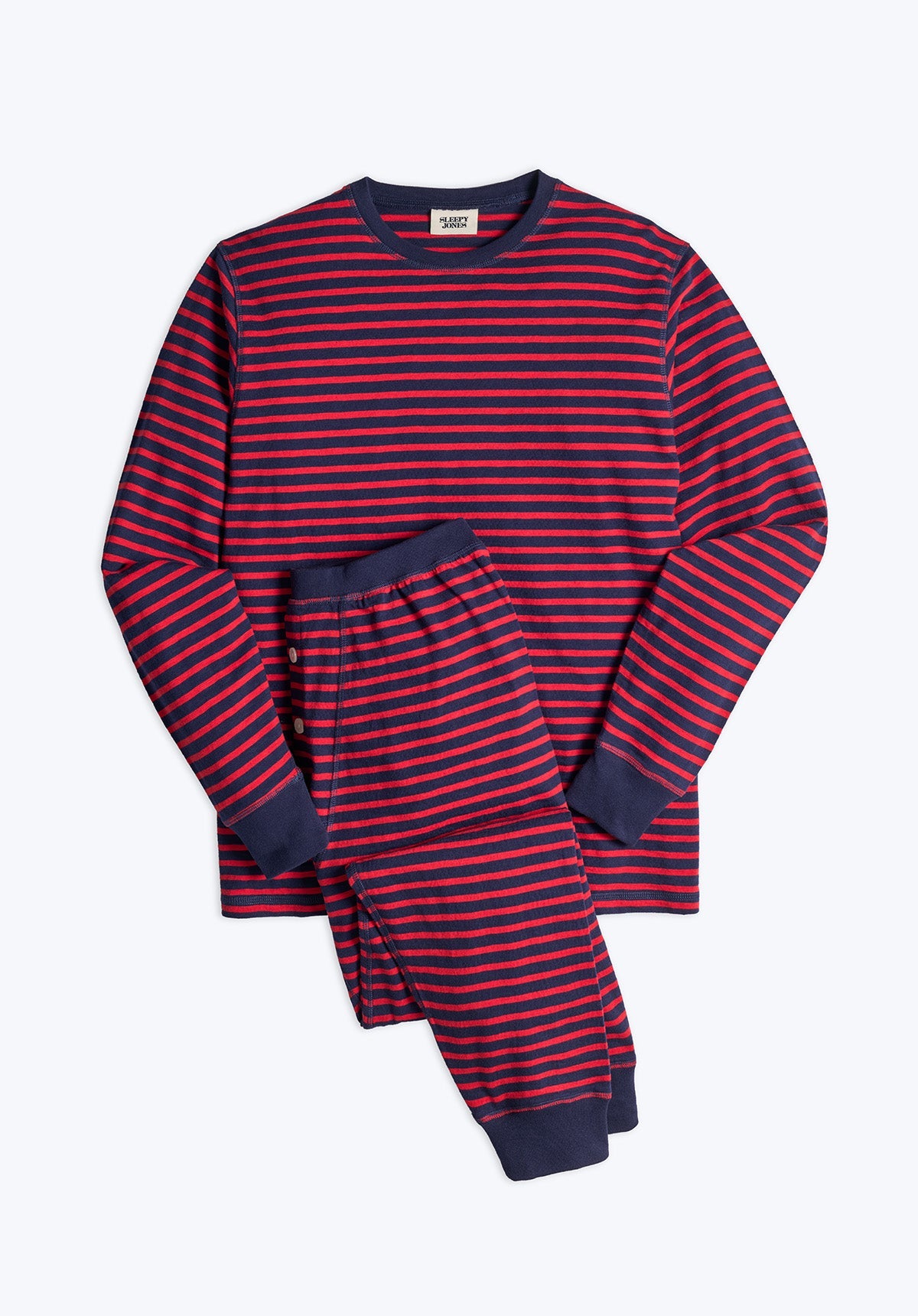 Keith Lounge Set in Navy and Red Stripe Slub Jersey - Comfortable Cotton Knit Pajama Set for Men & Women - Perfect for Home Relaxation, Lounging and Sleepwear