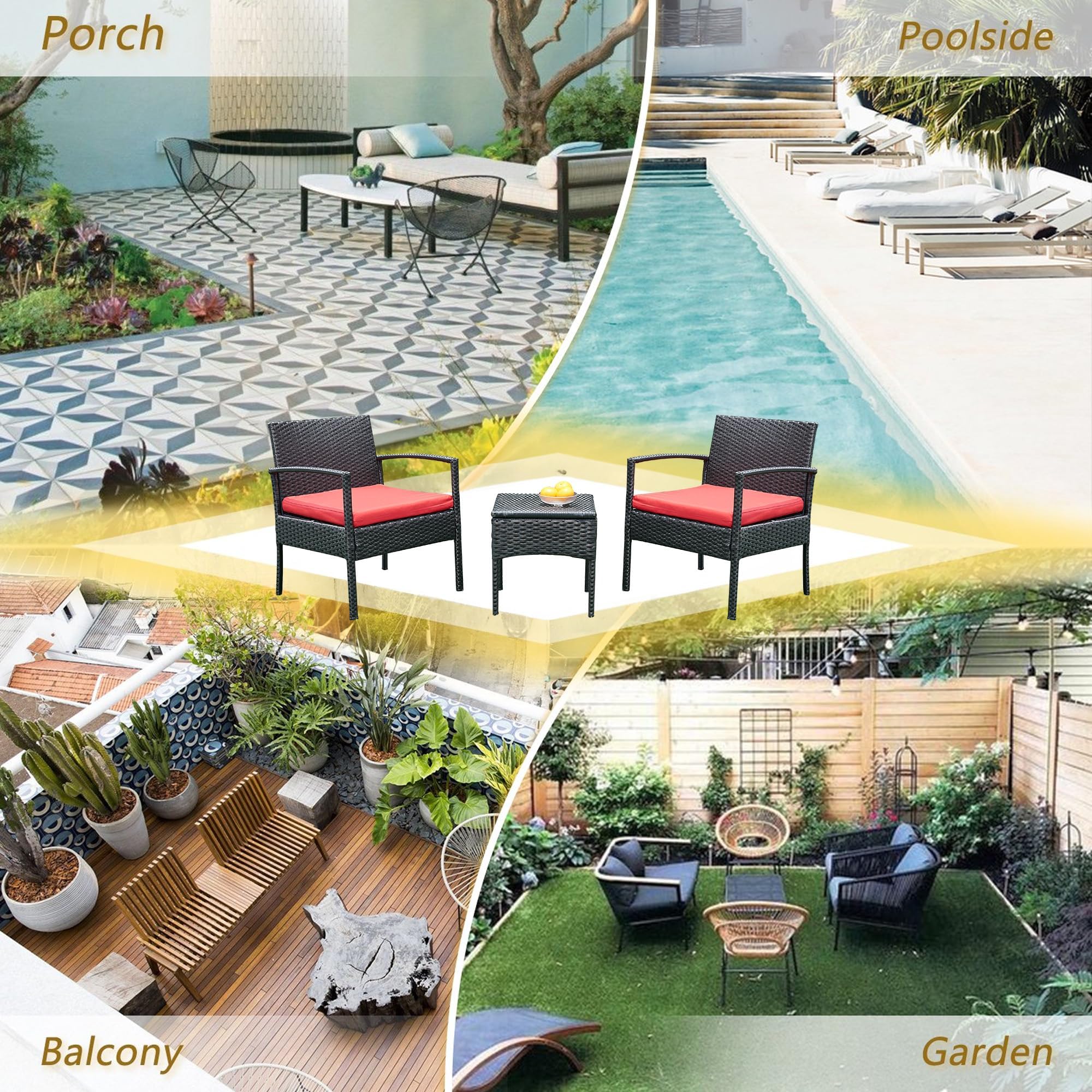 PROHIKER 3-Piece Rattan Patio Conversation Set - Outdoor Wicker Chairs for Garden, Porch, Balcony & Yard - Red Bistro Furniture for Relaxing & Entertaining