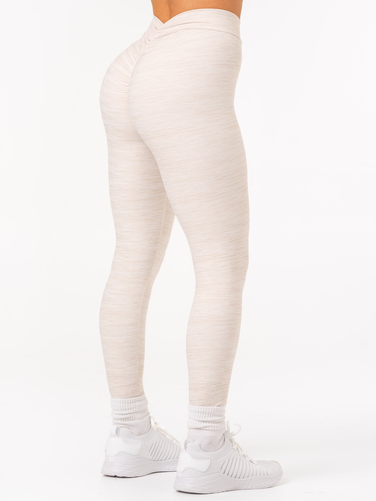 NKD V Scrunch Leggings for Women - High Waisted Tummy Control Yoga Pants in Oat Marl Color - Perfect for Workout, Gym, Yoga & Everyday Wear