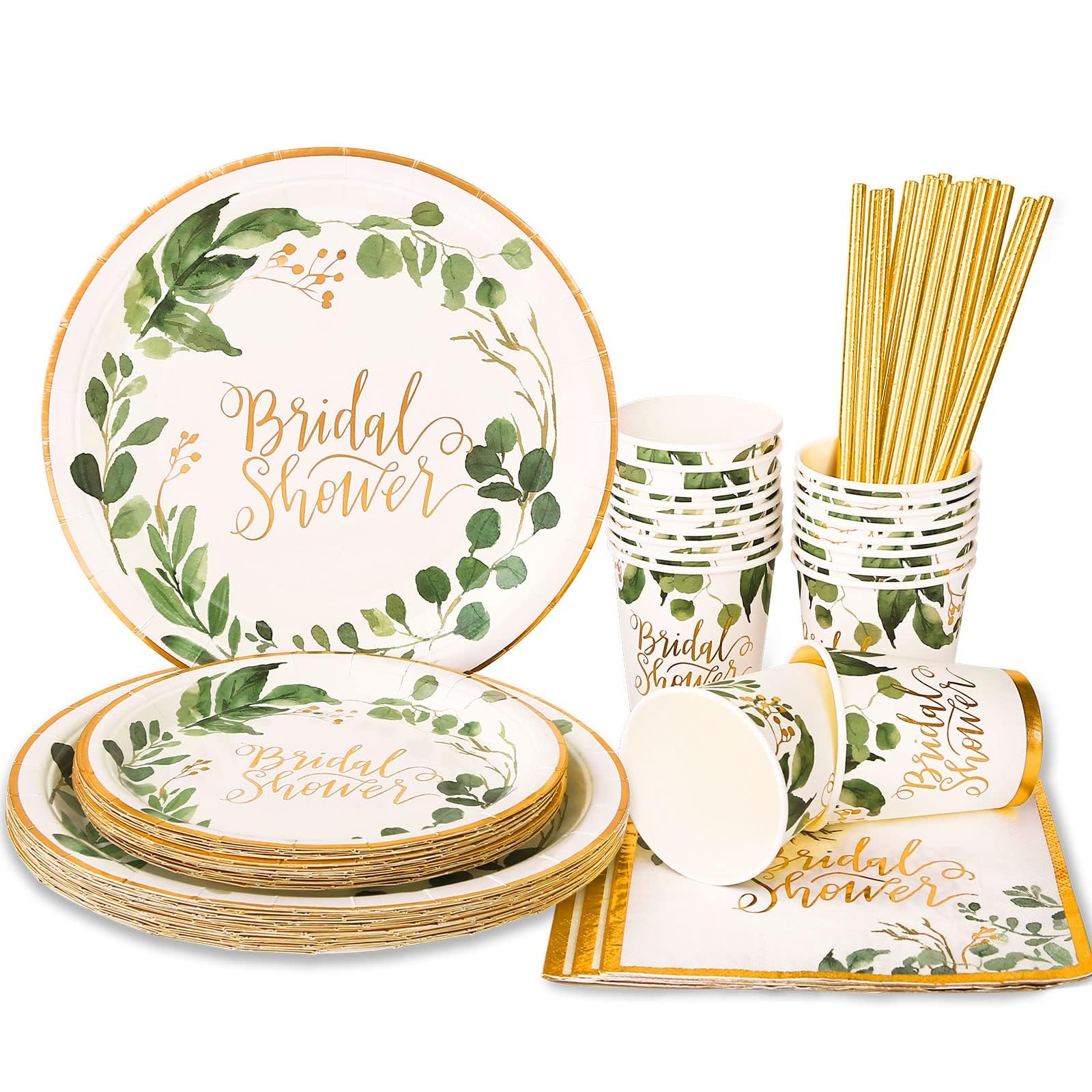 Eco-Friendly 168-Piece Bridal Shower Paper Plates & Napkins Set - Green Wedding Party Decorations for Engagement, Bachelorette & Bridal Showers - Serves 24 Guests - Perfect for Wedding Rehearsal Dinners & Bridal Tea Parties
