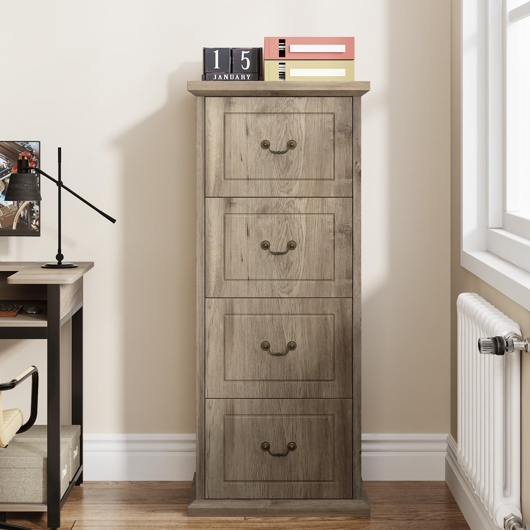 Tribesigns 4-Drawer Vertical File Cabinet - Wooden Narrow Tall Filing Cabinet for A4/Letter Size Documents with Adjustable Hanging Rod - Dark Oak Finish for Home Office Organization & Storage