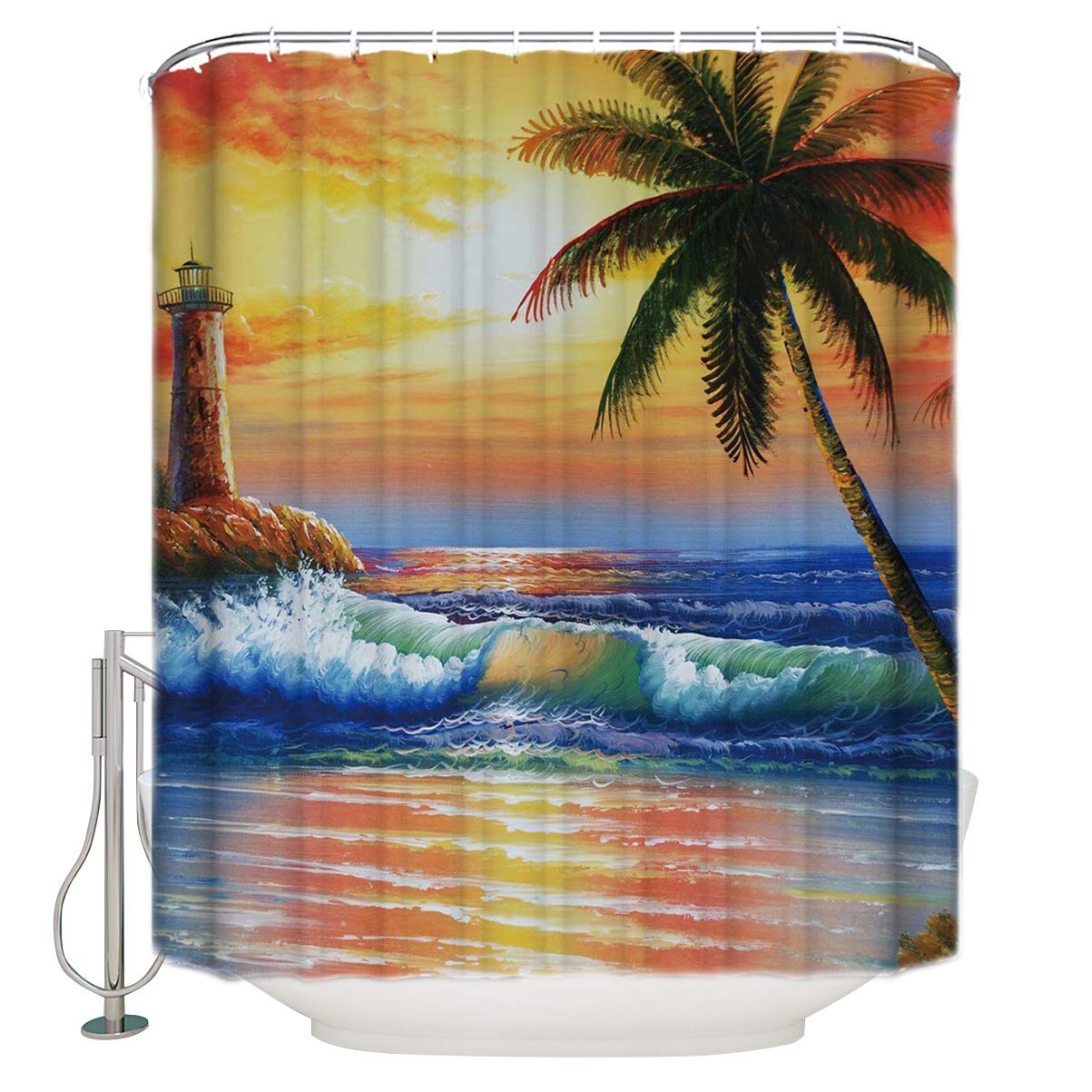 Waterproof Seaside Shower Curtain 66x72 Inches with 12 Plastic Hooks - Machine Washable Bathroom Decor Featuring Hand-Painted Palm Tree Sunset Landscape - Perfect for Beach Theme Bathrooms, Coastal Homes & Vacation Rentals